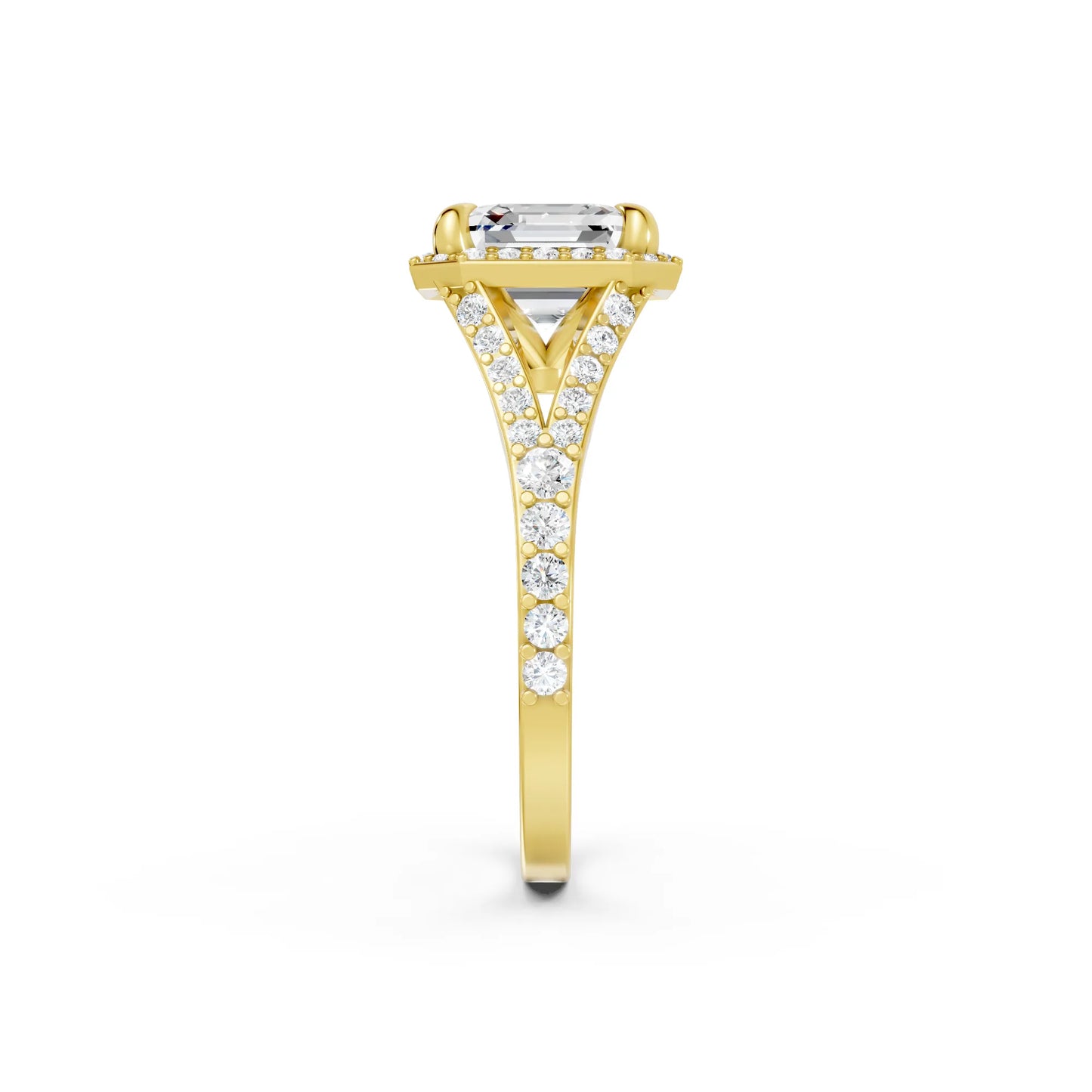 14K Gold Asscher Cut Diamond Split Shank Halo Engagement Ring