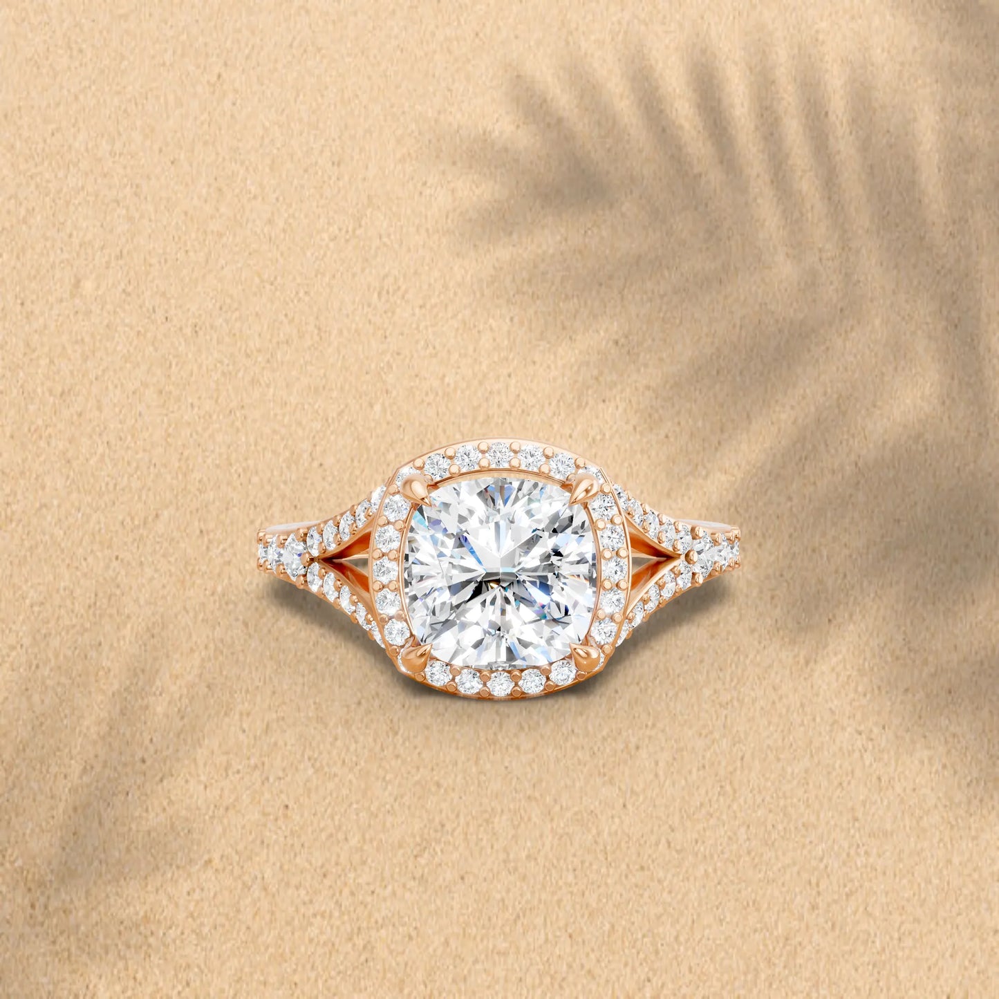 14K Gold Cushion Cut Diamond Split Shank Halo Engagement Ring