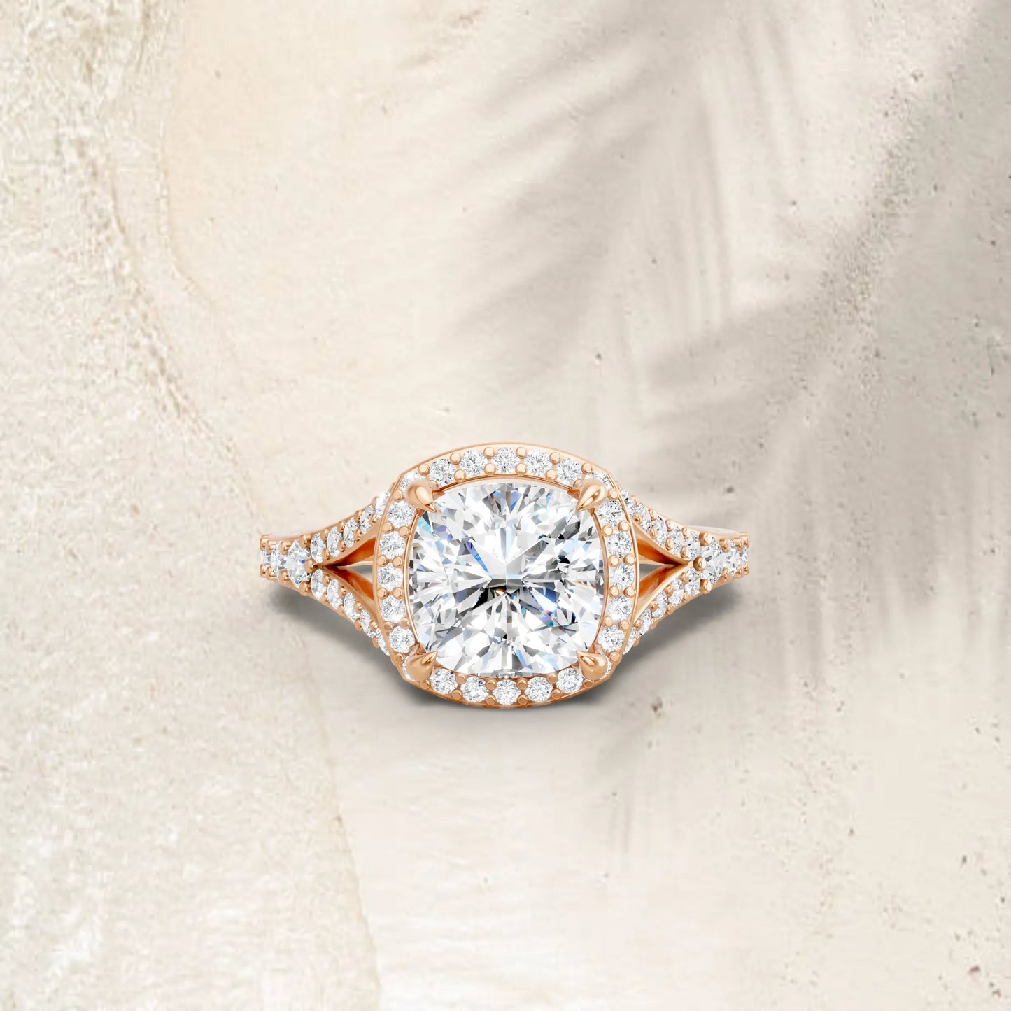 14K Gold Cushion Cut Diamond Split Shank Halo Engagement Ring