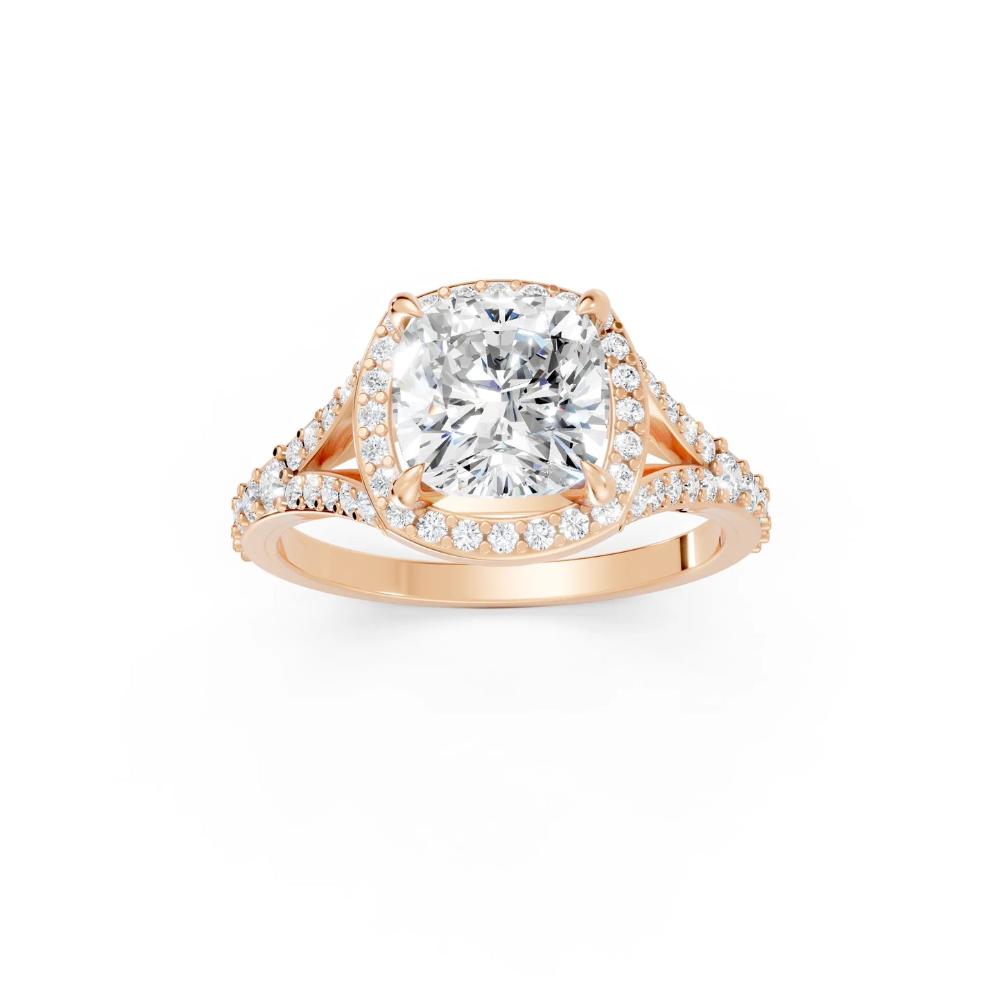 14K Gold Cushion Cut Diamond Split Shank Halo Engagement Ring