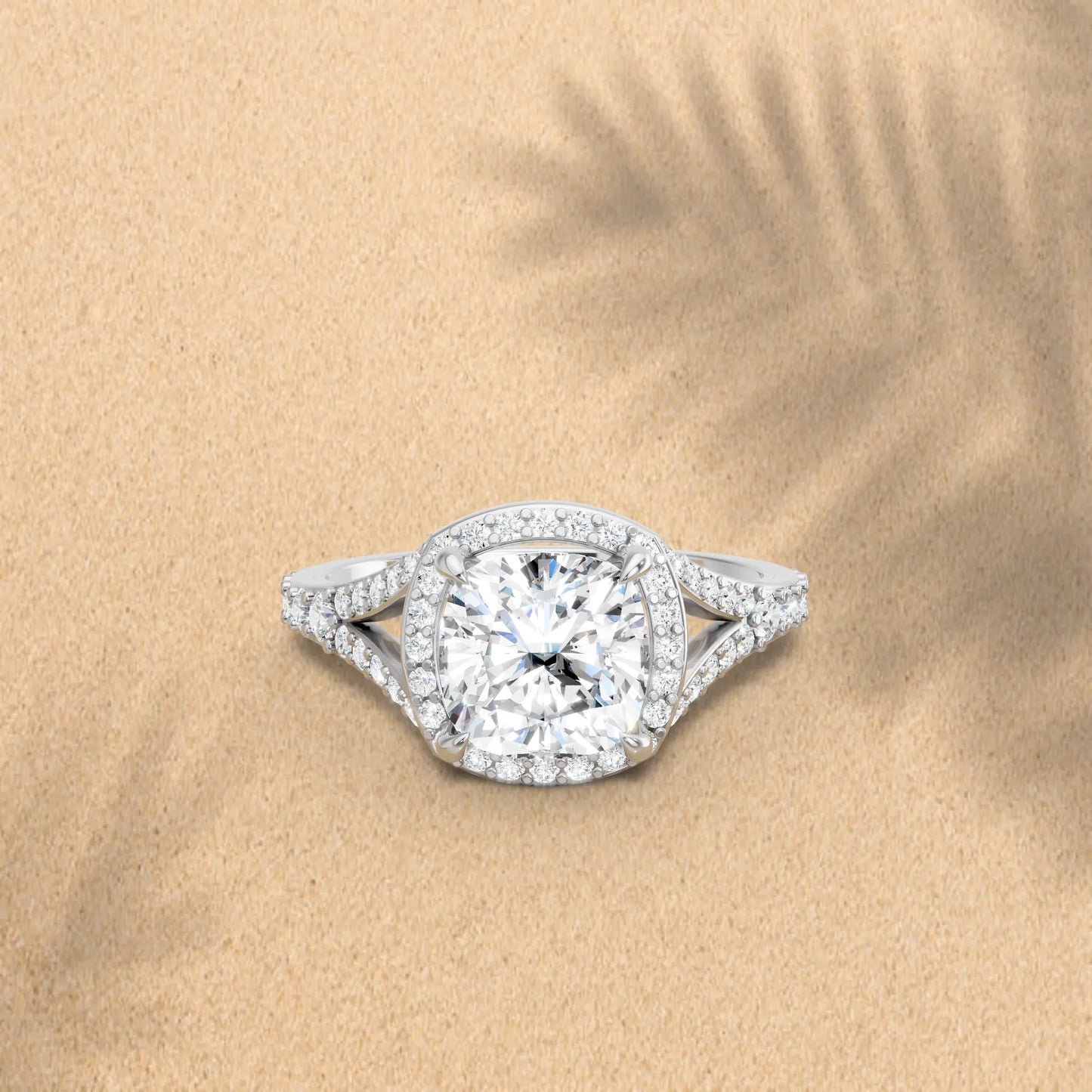 14K Gold Cushion Cut Diamond Split Shank Halo Engagement Ring