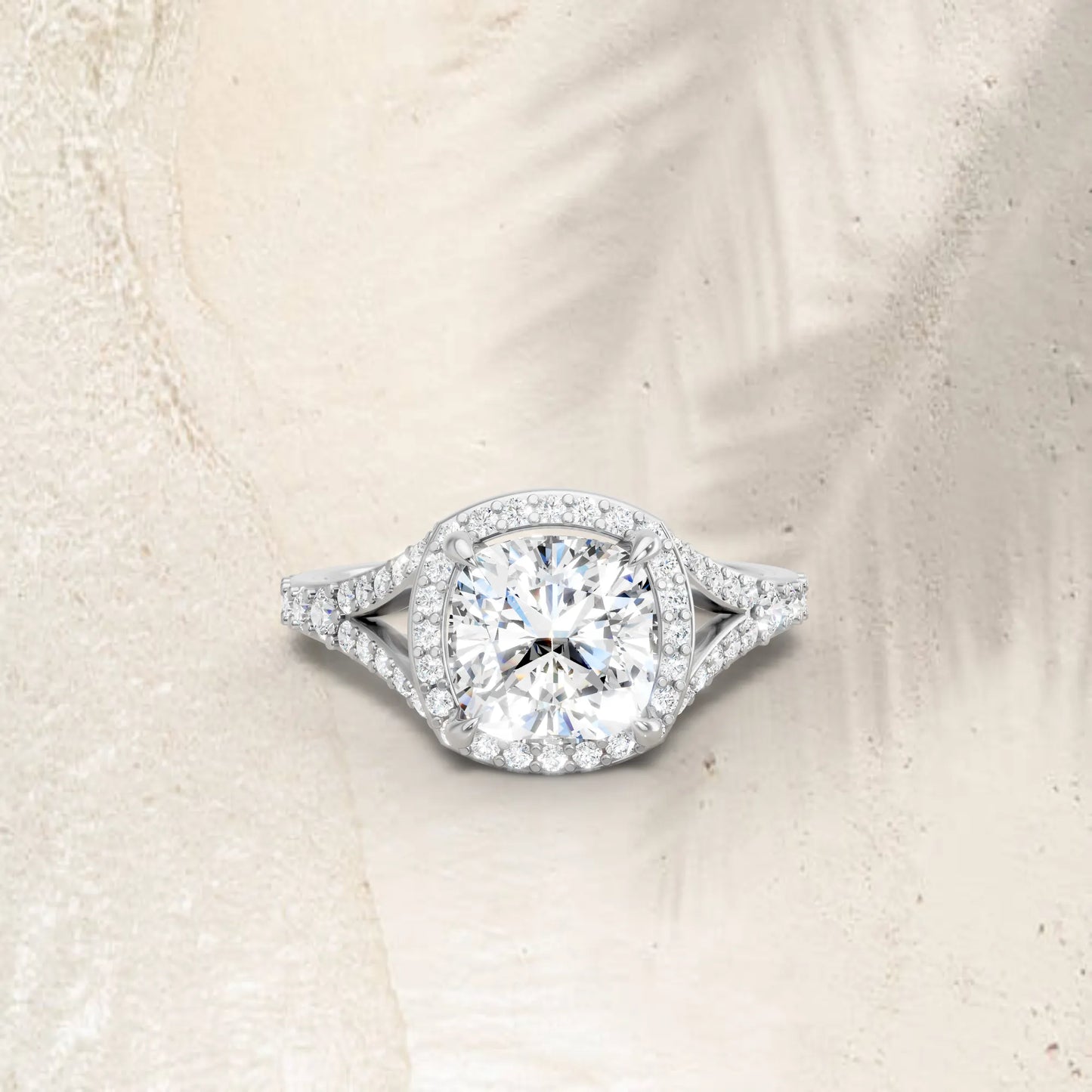 14K Gold Cushion Cut Diamond Split Shank Halo Engagement Ring
