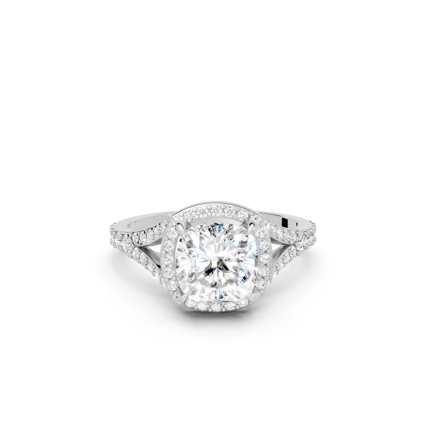 14K Gold Cushion Cut Diamond Split Shank Halo Engagement Ring