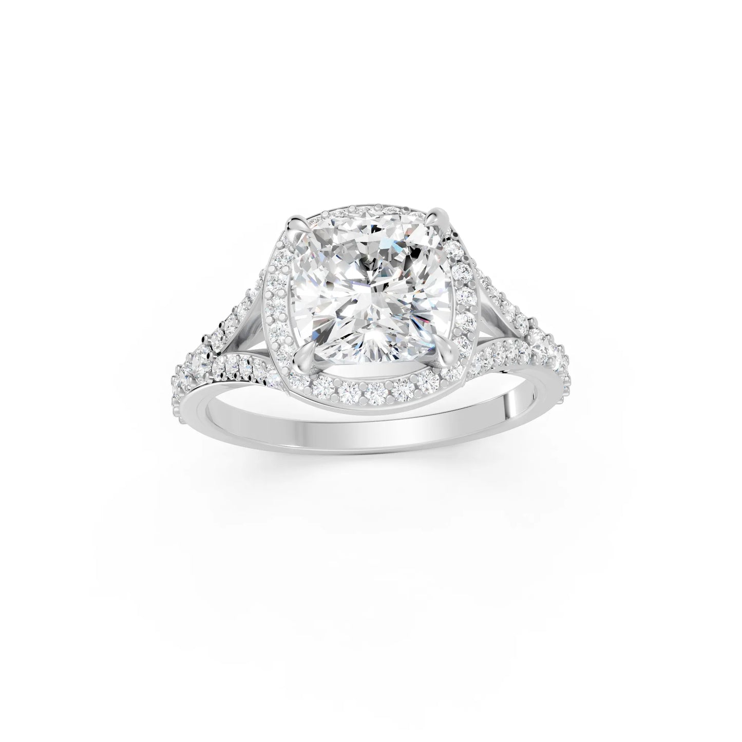 14K Gold Cushion Cut Diamond Split Shank Halo Engagement Ring