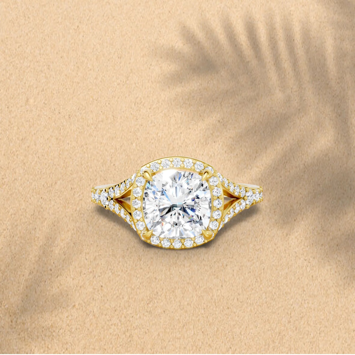 14K Gold Cushion Cut Diamond Split Shank Halo Engagement Ring