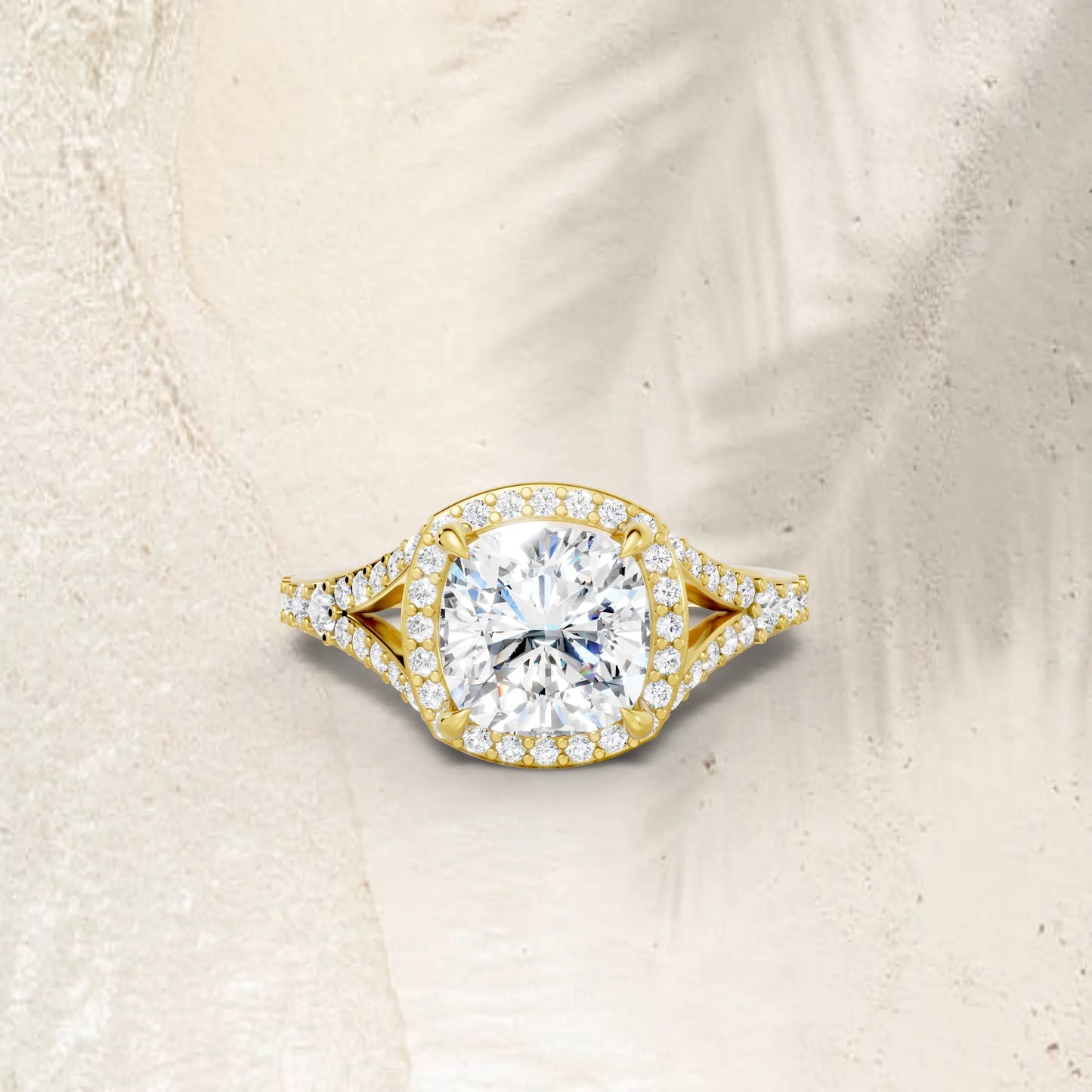 14K Gold Cushion Cut Diamond Split Shank Halo Engagement Ring
