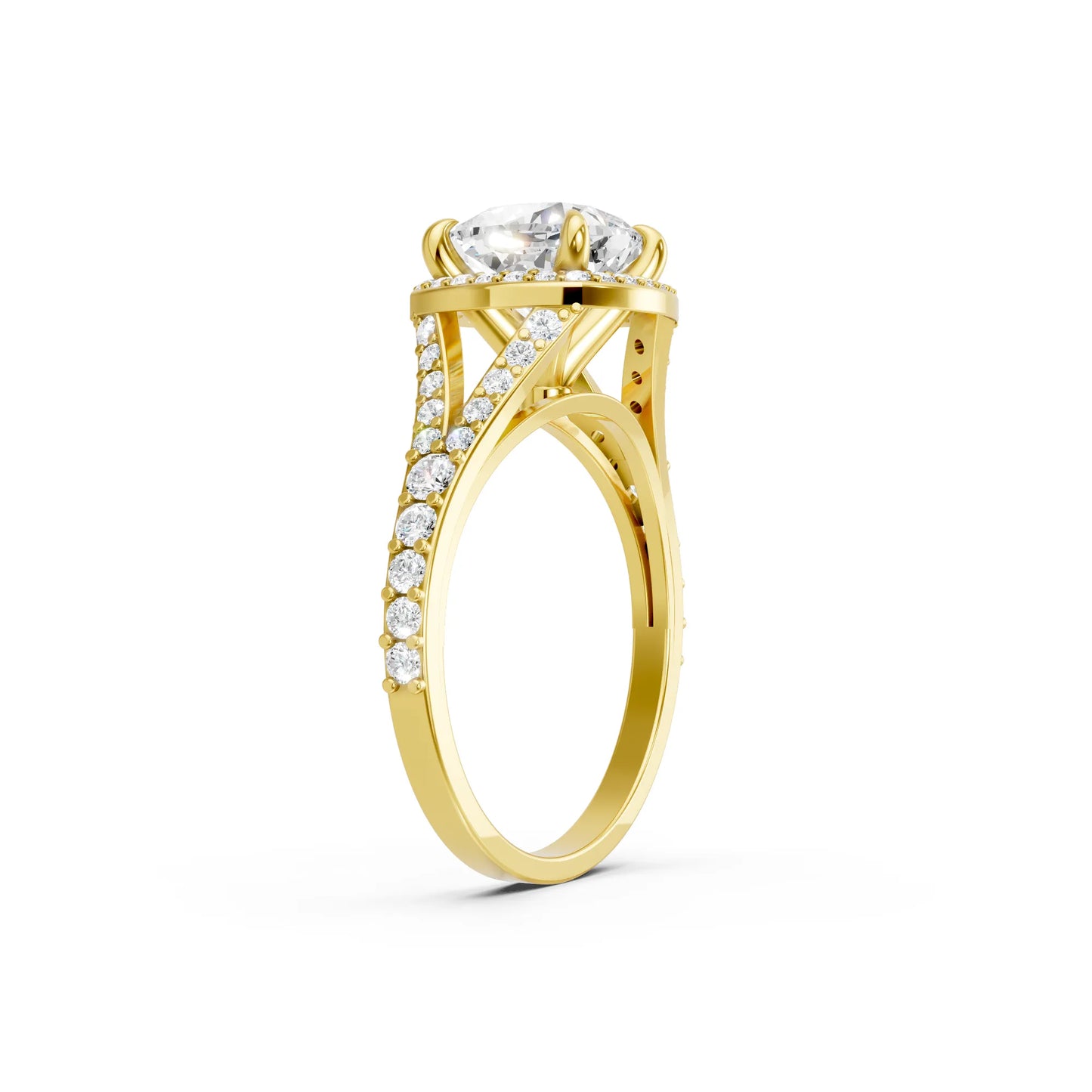 14K Gold Cushion Cut Diamond Split Shank Halo Engagement Ring