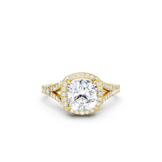 14K Gold Cushion Cut Diamond Split Shank Halo Engagement Ring