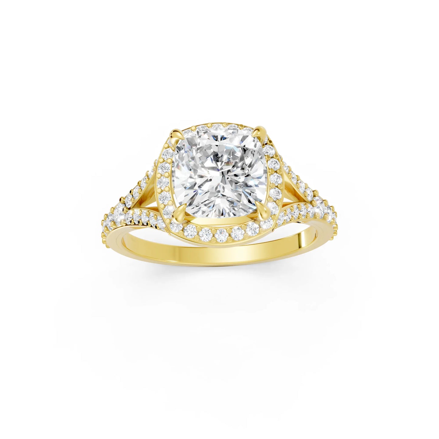 14K Gold Cushion Cut Diamond Split Shank Halo Engagement Ring