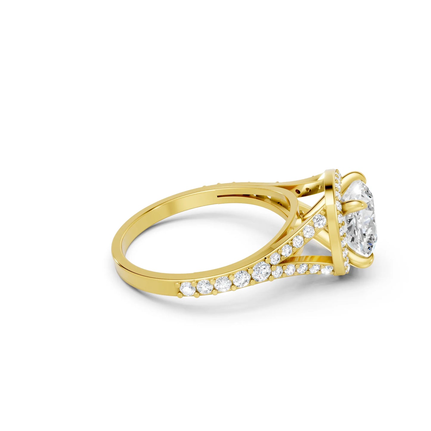 14K Gold Cushion Cut Diamond Split Shank Halo Engagement Ring