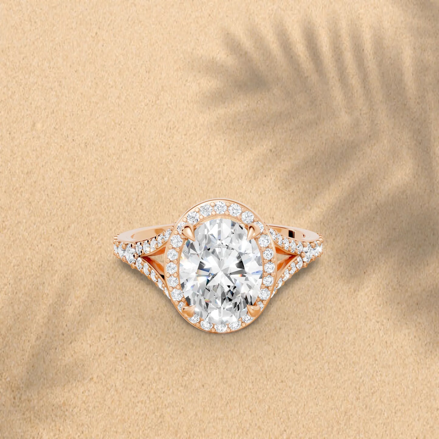 14K Gold Oval Cut Diamond Split Shank Halo Engagement Ring