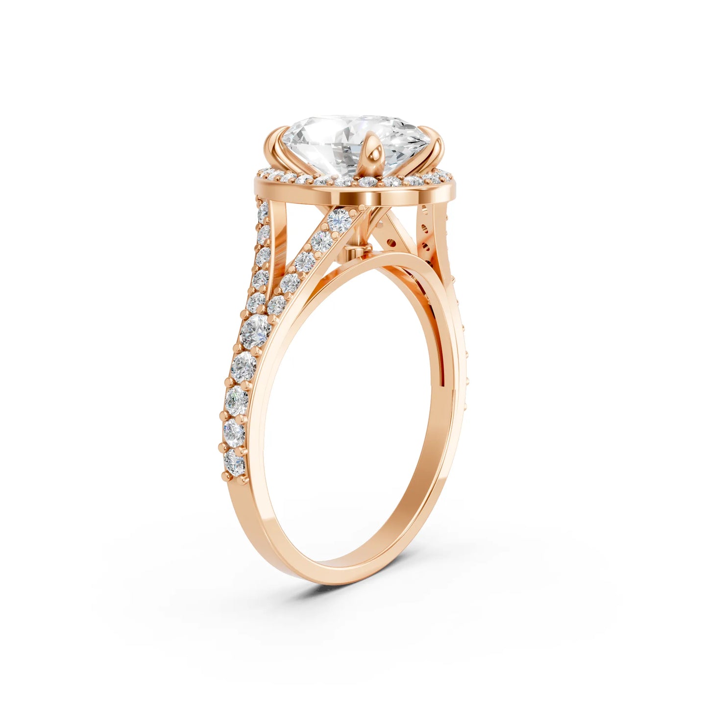 14K Gold Oval Cut Diamond Split Shank Halo Engagement Ring