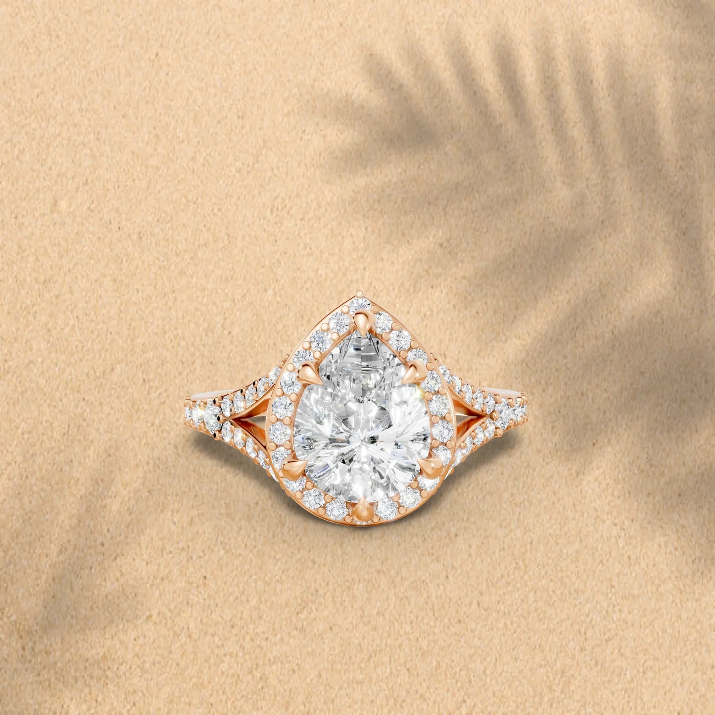 14K Gold Pear Cut Diamond Split Shank Halo Engagement Ring