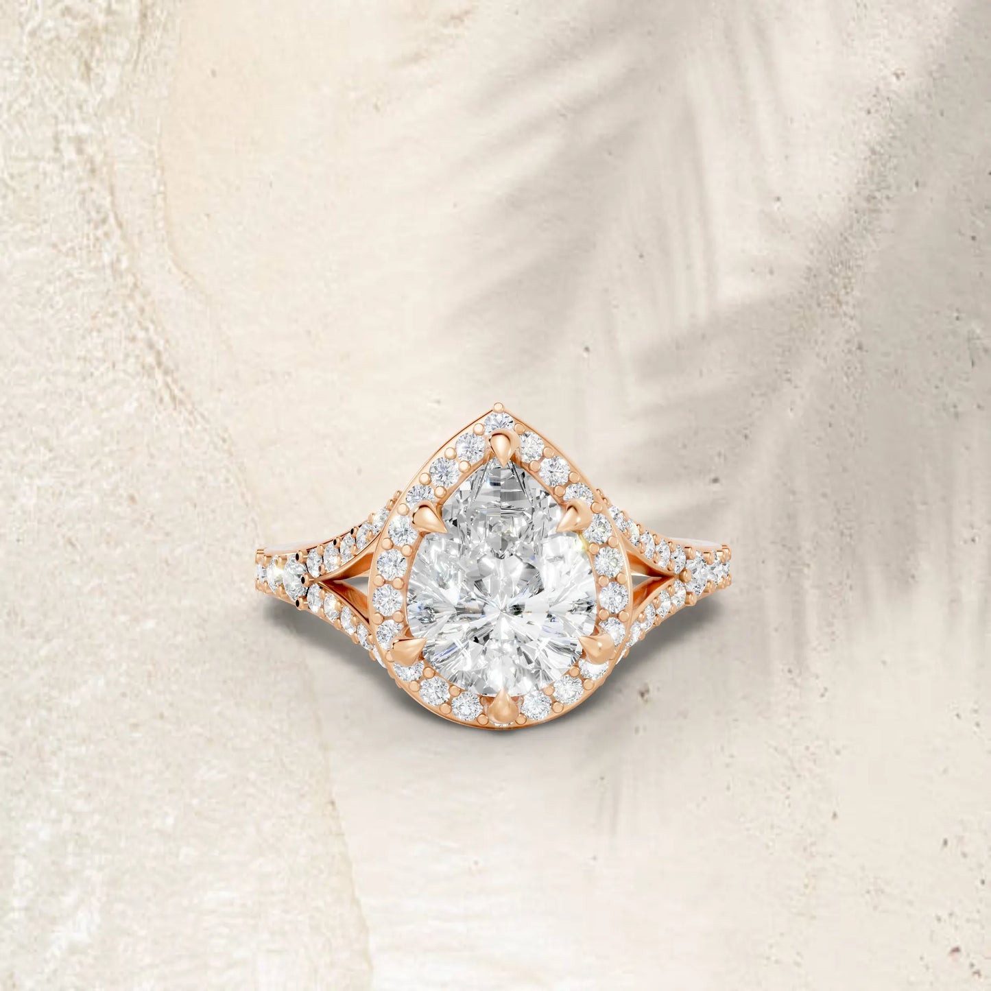 14K Gold Pear Cut Diamond Split Shank Halo Engagement Ring