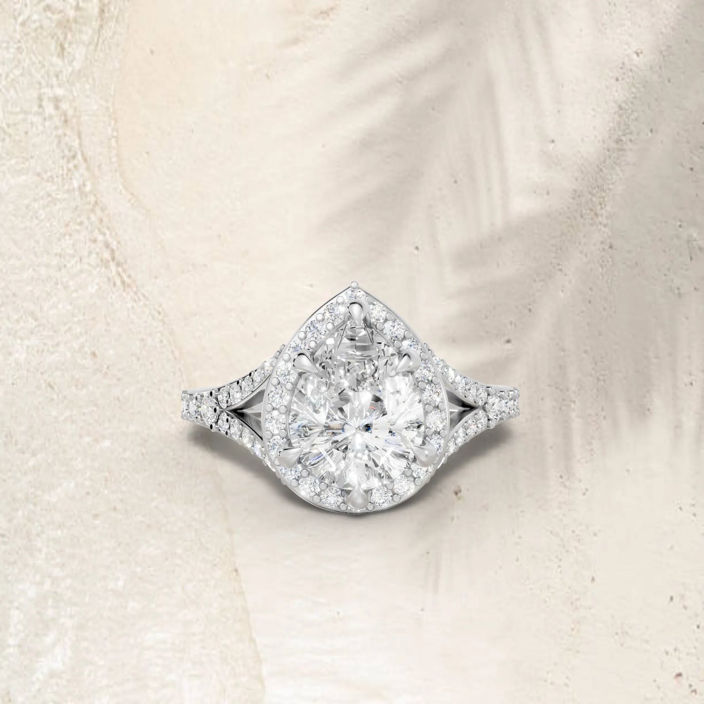 14K Gold Pear Cut Diamond Split Shank Halo Engagement Ring