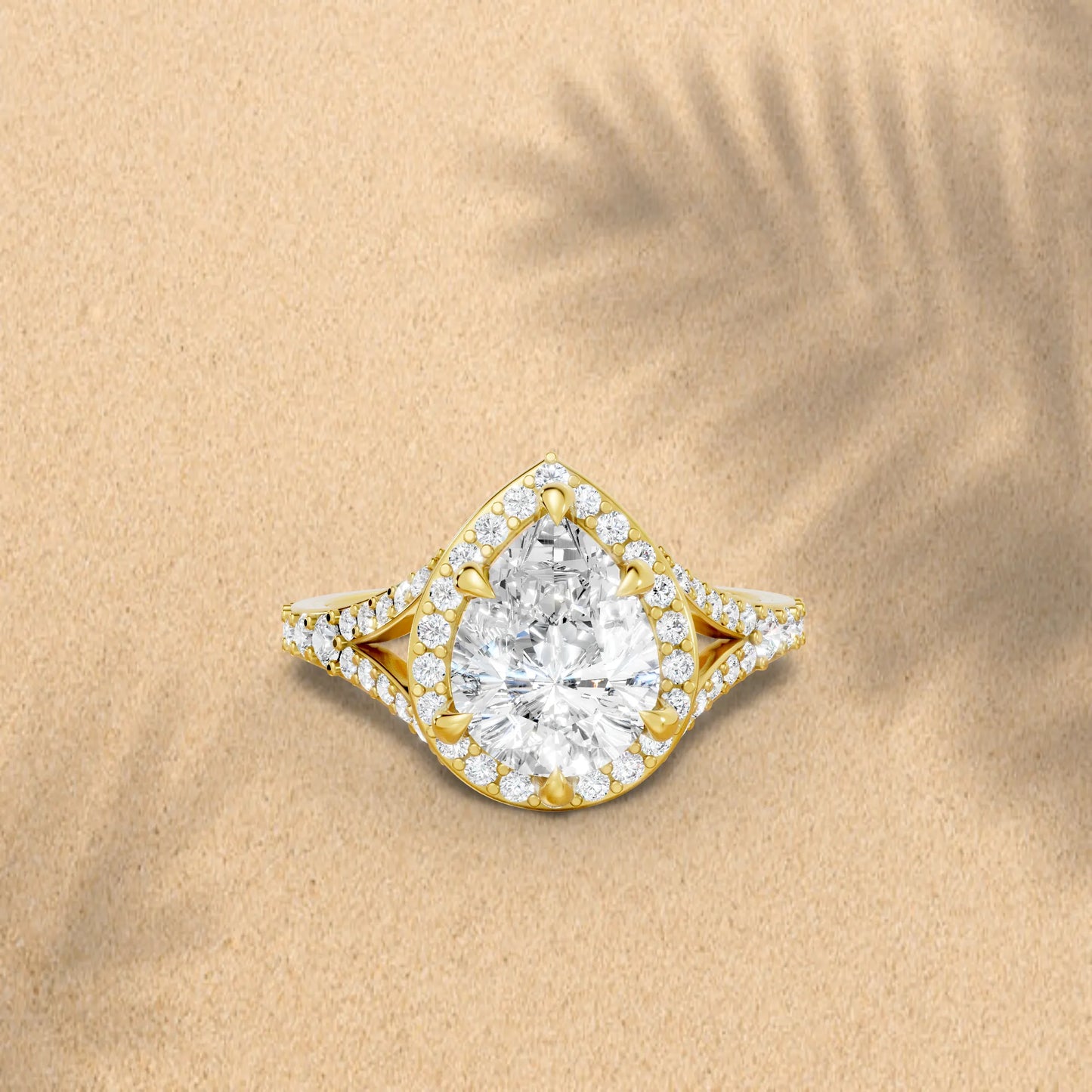 14K Gold Pear Cut Diamond Split Shank Halo Engagement Ring