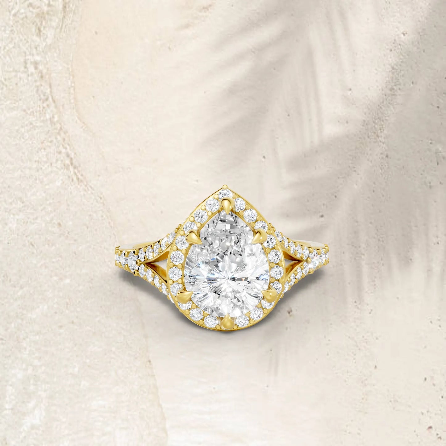14K Gold Pear Cut Diamond Split Shank Halo Engagement Ring