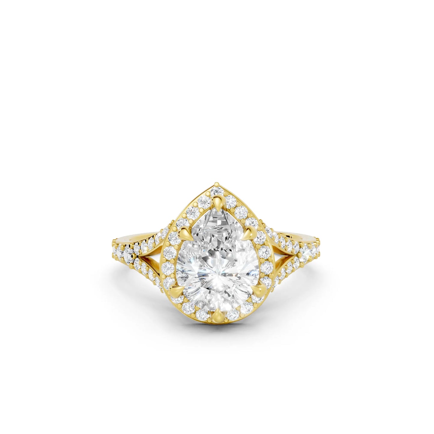 14K Gold Pear Cut Diamond Split Shank Halo Engagement Ring