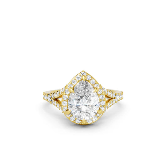 14K Gold Pear Cut Diamond Split Shank Halo Engagement Ring