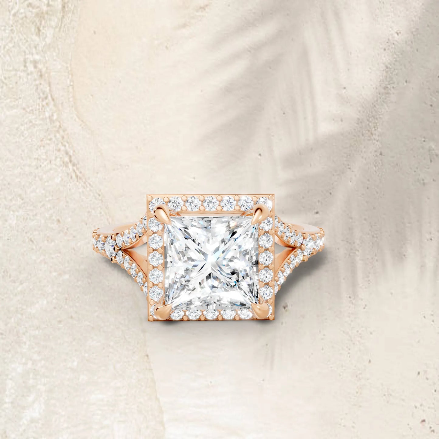 14K Gold Princess Cut Diamond Split Shank Halo Engagement Ring