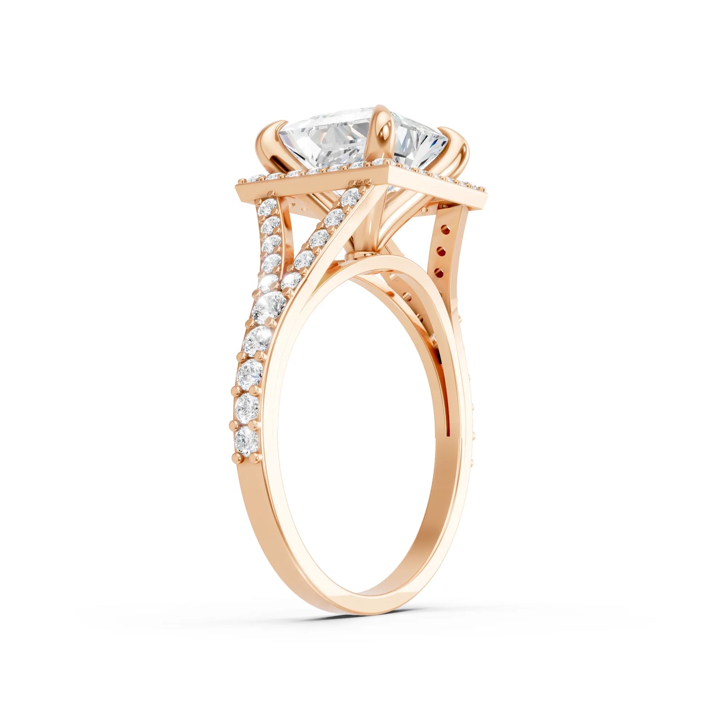 14K Gold Princess Cut Diamond Split Shank Halo Engagement Ring