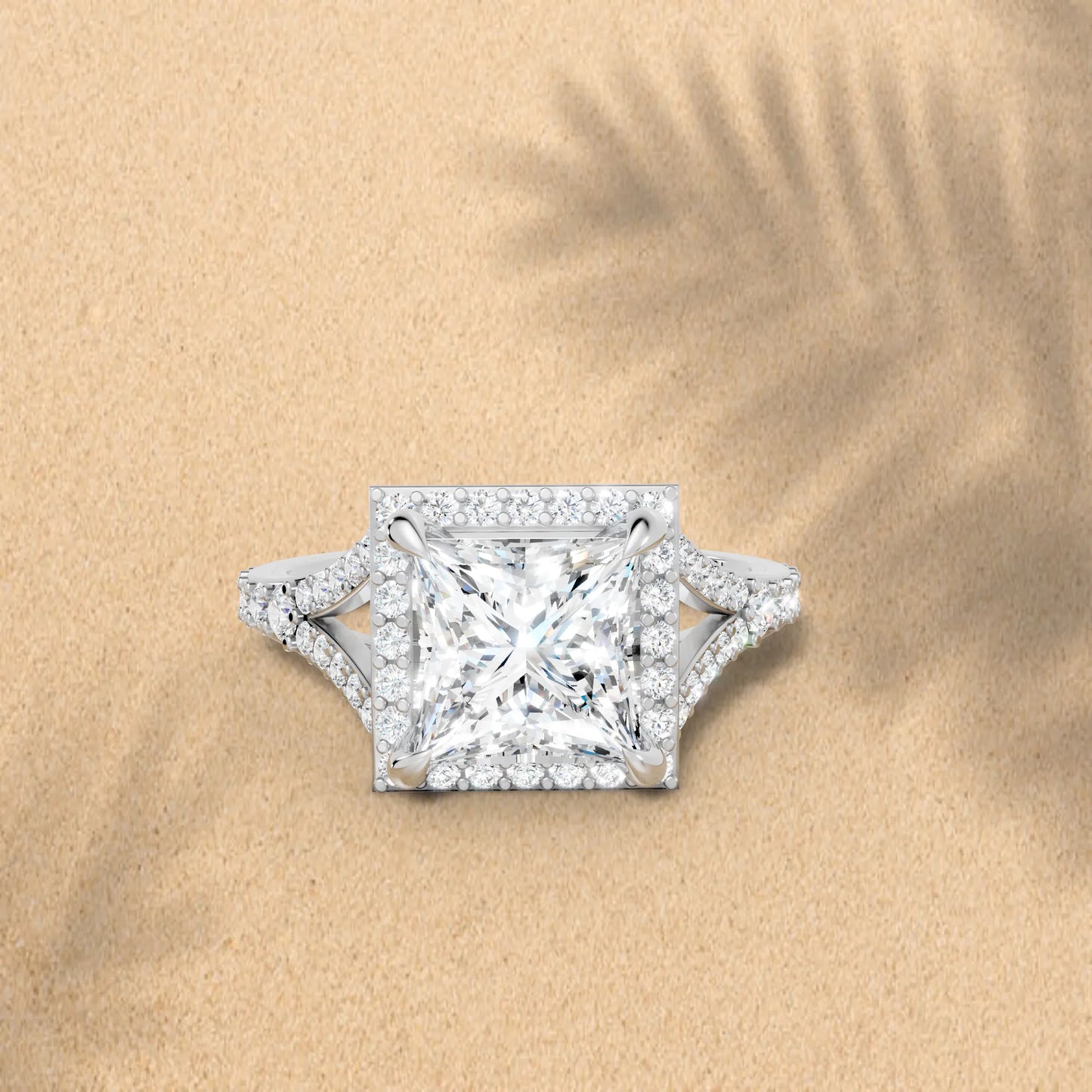 14K Gold Princess Cut Diamond Split Shank Halo Engagement Ring