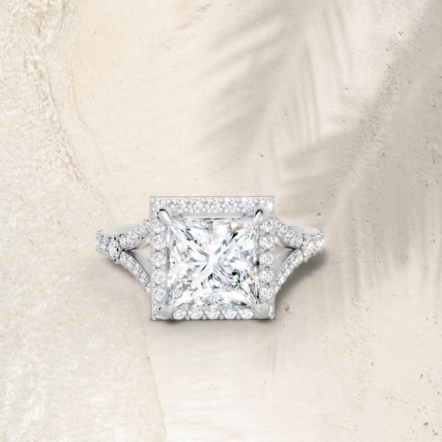 14K Gold Princess Cut Diamond Split Shank Halo Engagement Ring