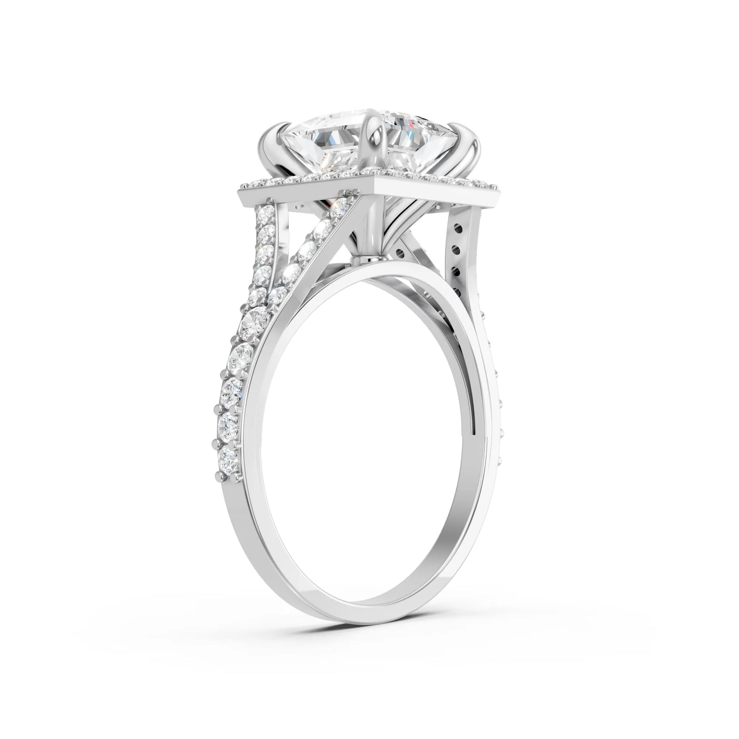 14K Gold Princess Cut Diamond Split Shank Halo Engagement Ring