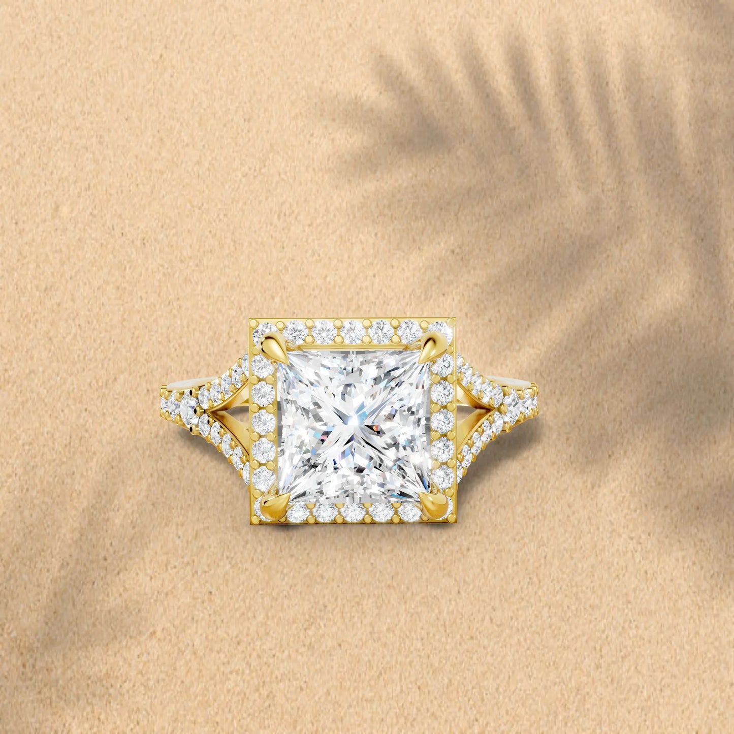 14K Gold Princess Cut Diamond Split Shank Halo Engagement Ring