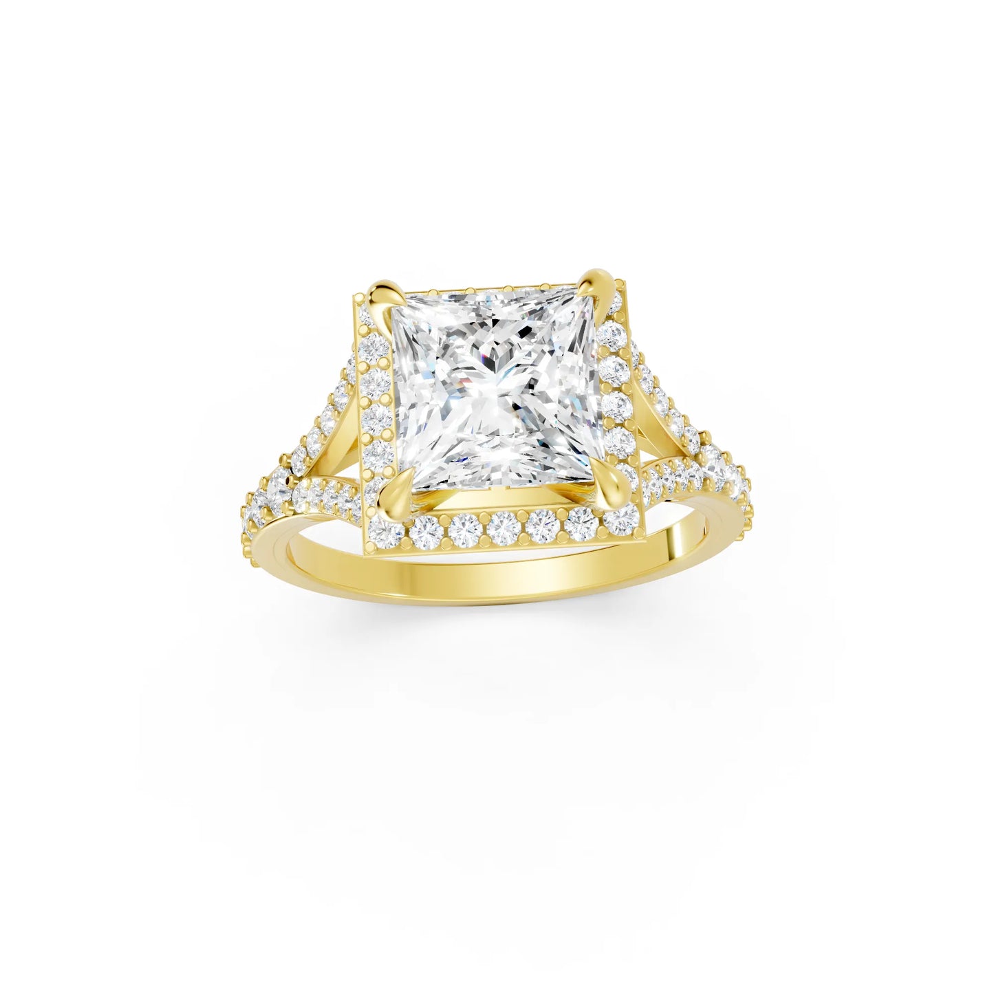 14K Gold Princess Cut Diamond Split Shank Halo Engagement Ring