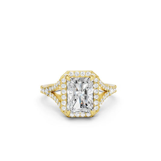 14K Gold Radiant Cut Diamond Split Shank Halo Engagement Ring