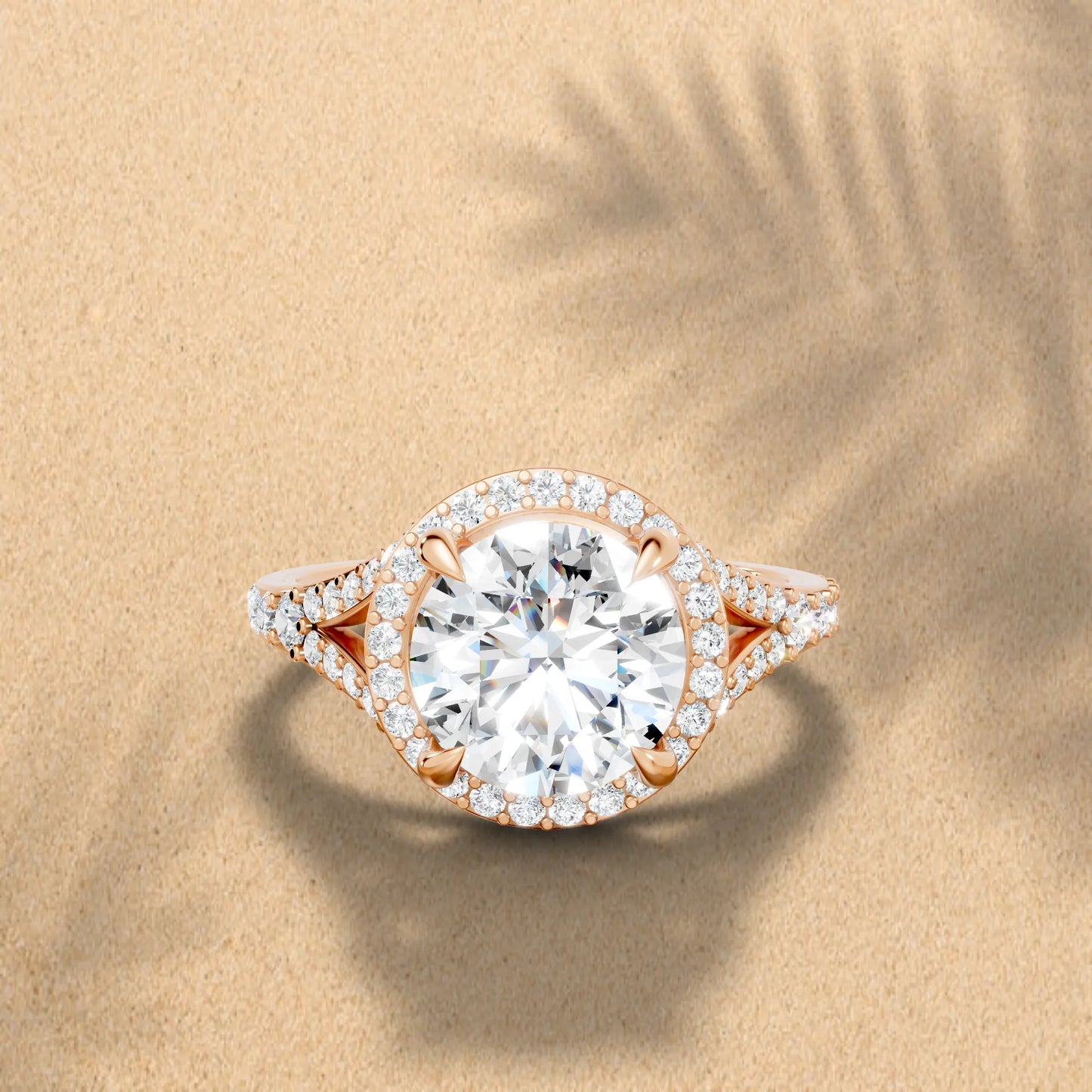 14K Gold Round Cut Diamond Split Shank Halo Engagement Ring