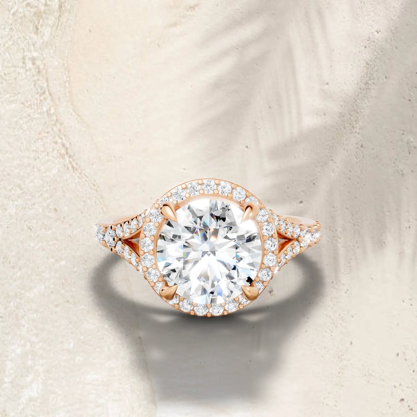 14K Gold Round Cut Diamond Split Shank Halo Engagement Ring
