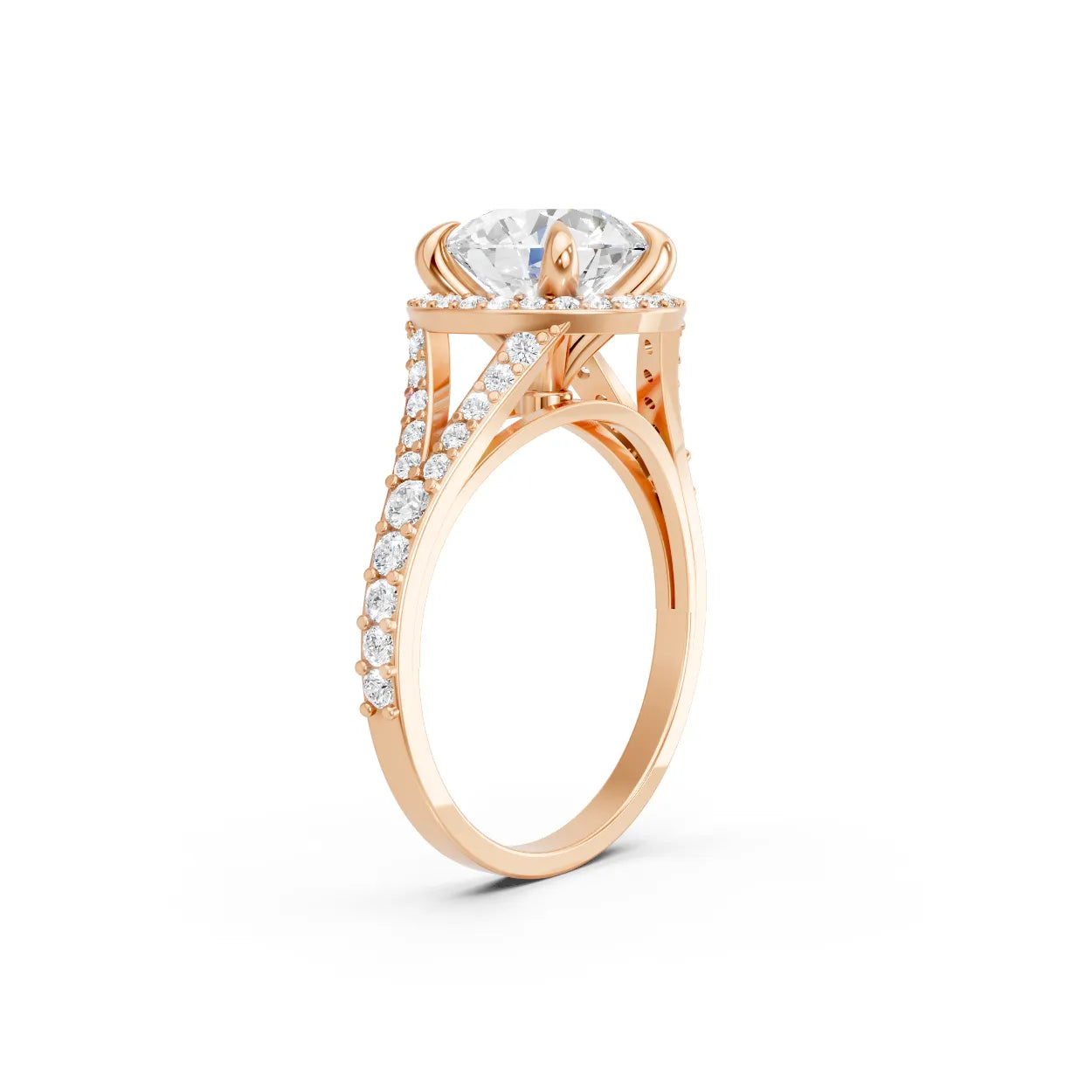 14K Gold Round Cut Diamond Split Shank Halo Engagement Ring