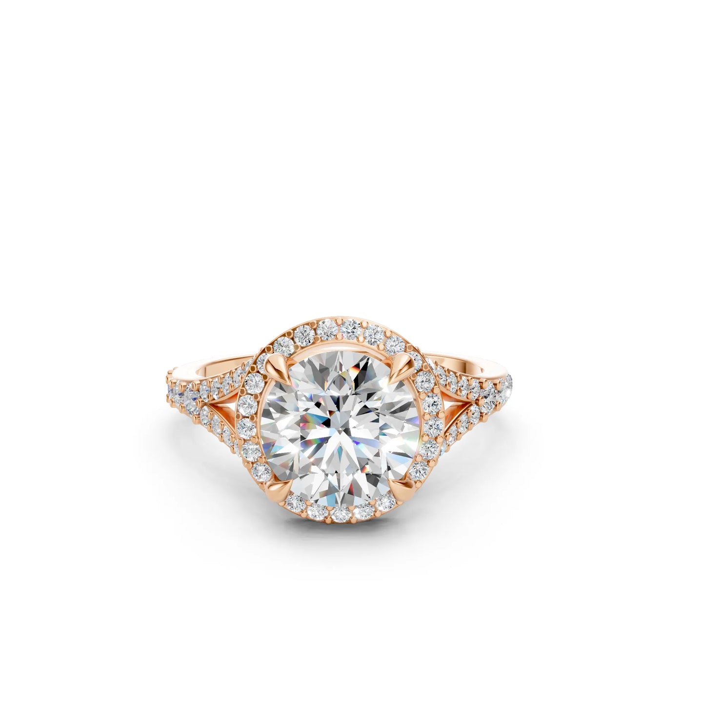 14K Gold Round Cut Diamond Split Shank Halo Engagement Ring