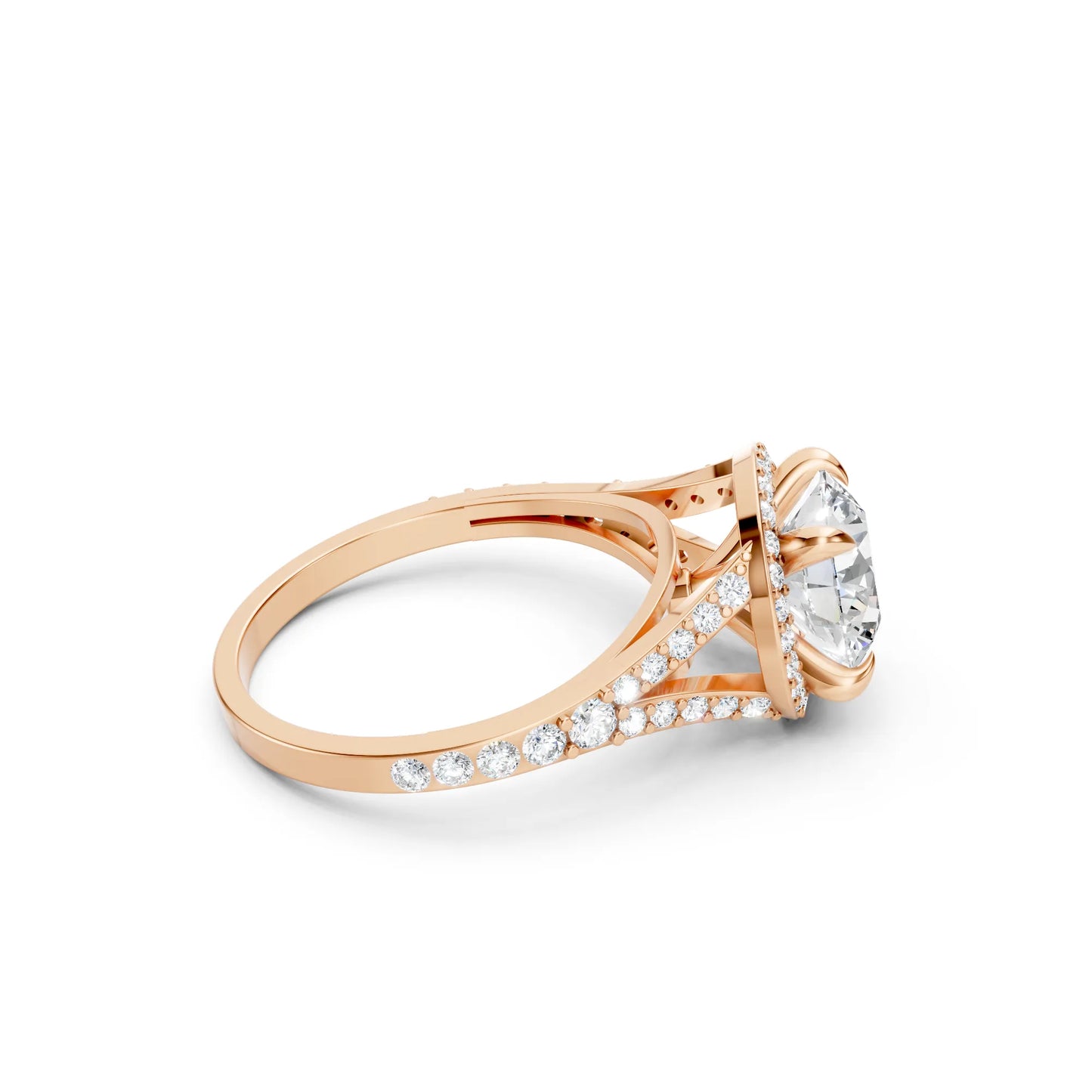 14K Gold Round Cut Diamond Split Shank Halo Engagement Ring
