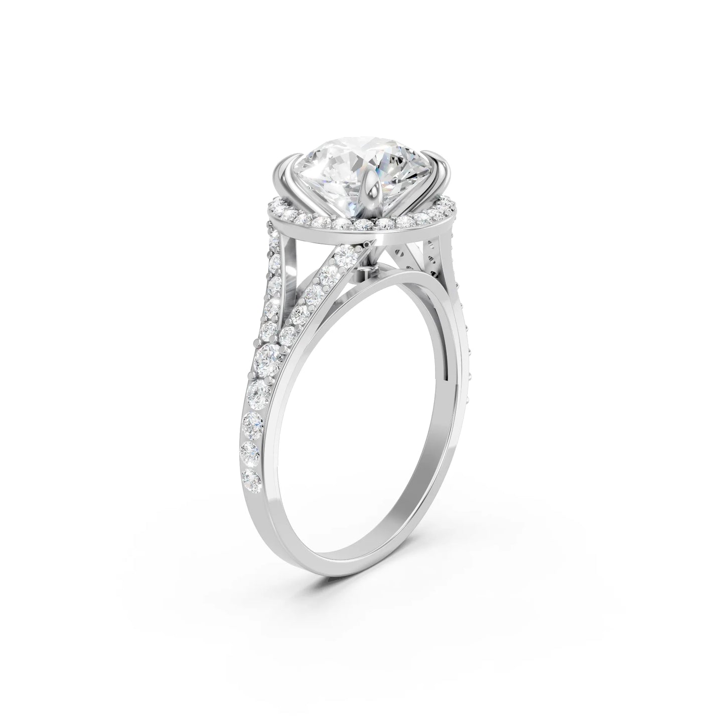 14K Gold Round Cut Diamond Split Shank Halo Engagement Ring