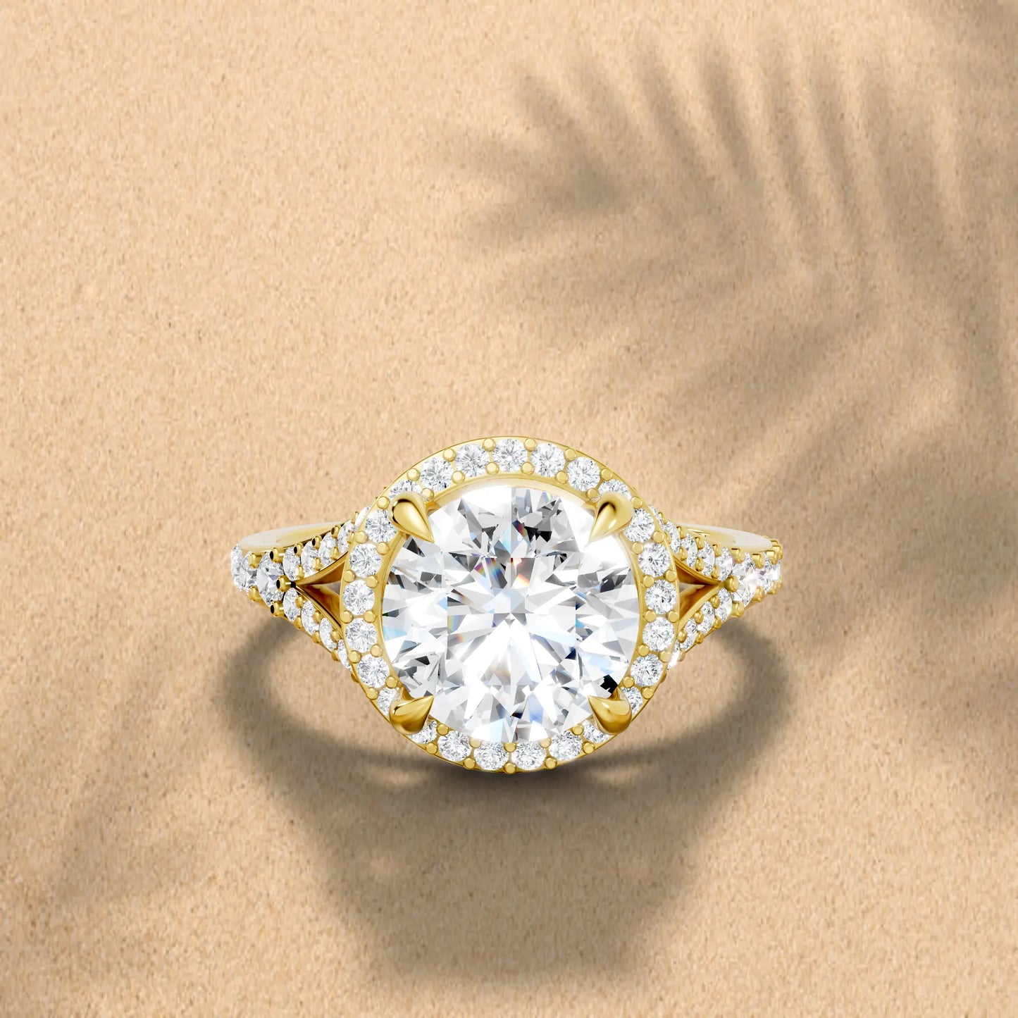14K Gold Round Cut Diamond Split Shank Halo Engagement Ring
