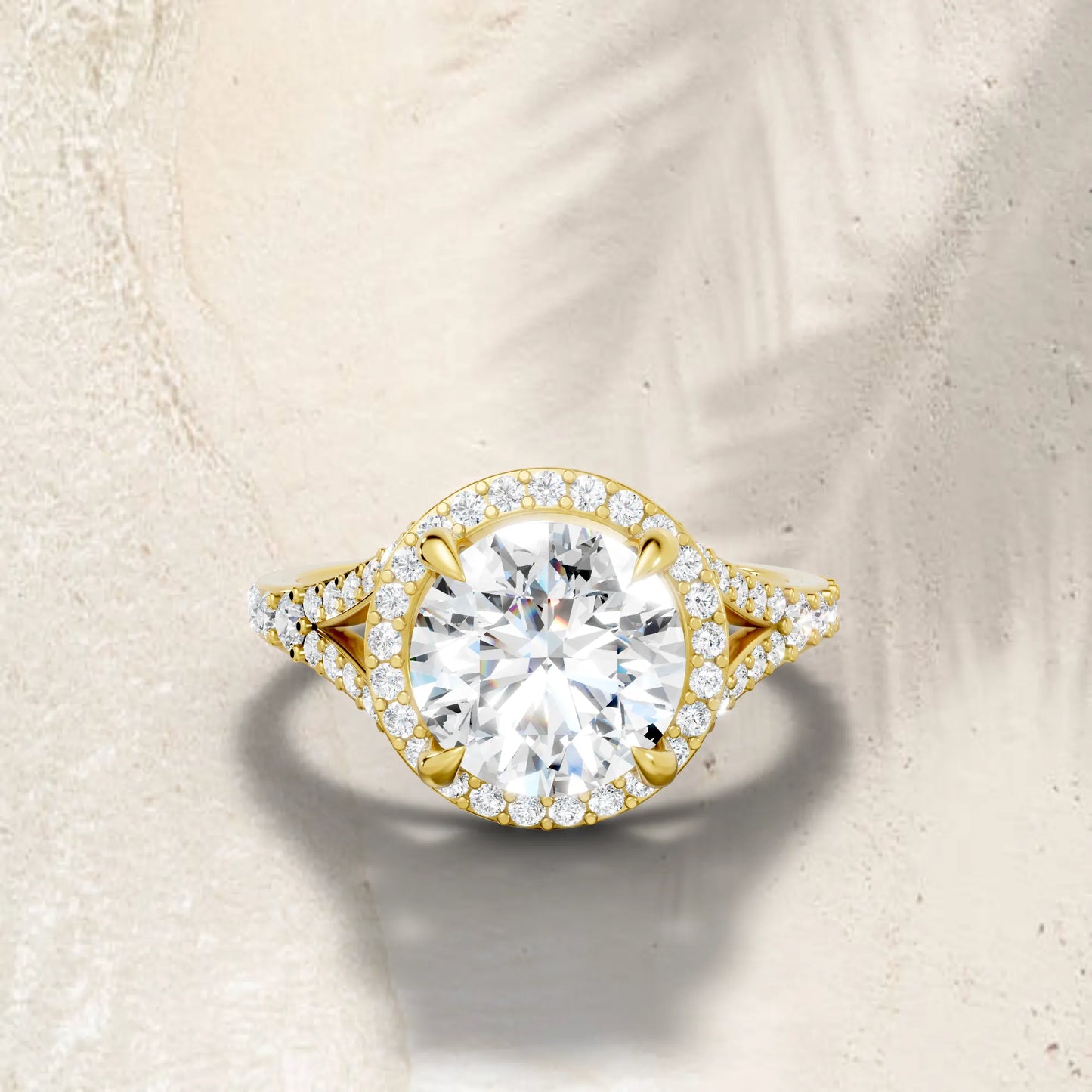 14K Gold Round Cut Diamond Split Shank Halo Engagement Ring