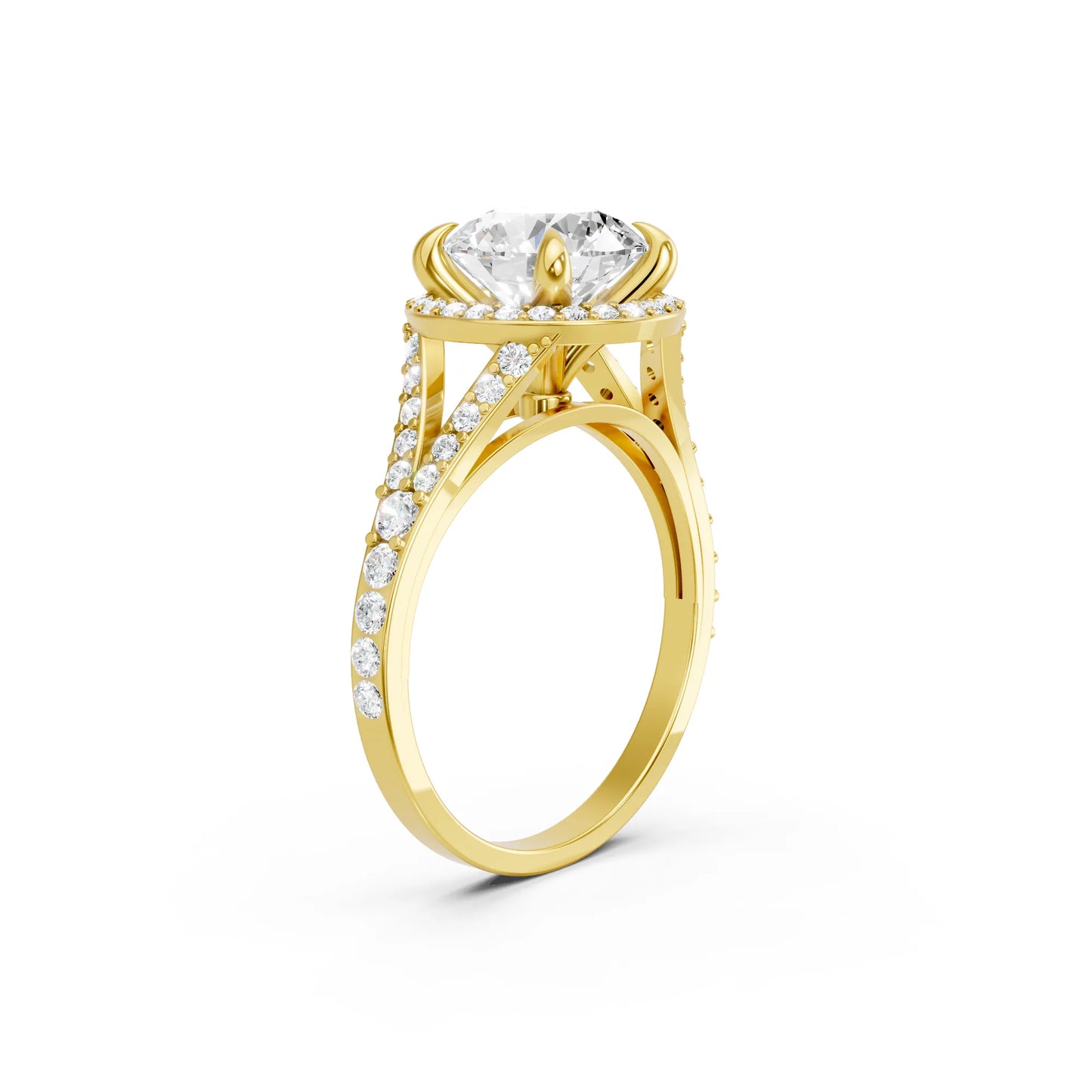 14K Gold Round Cut Diamond Split Shank Halo Engagement Ring