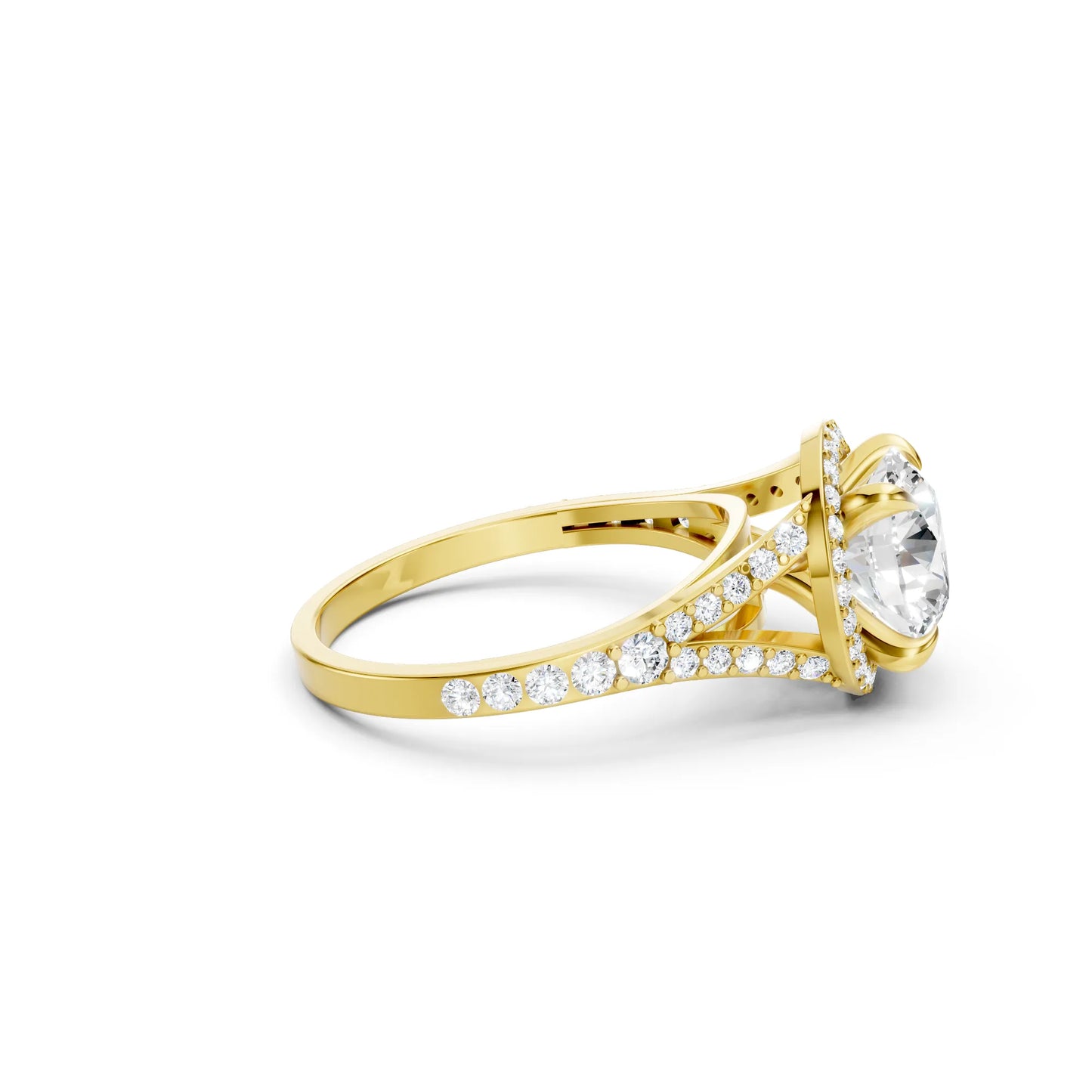 14K Gold Round Cut Diamond Split Shank Halo Engagement Ring