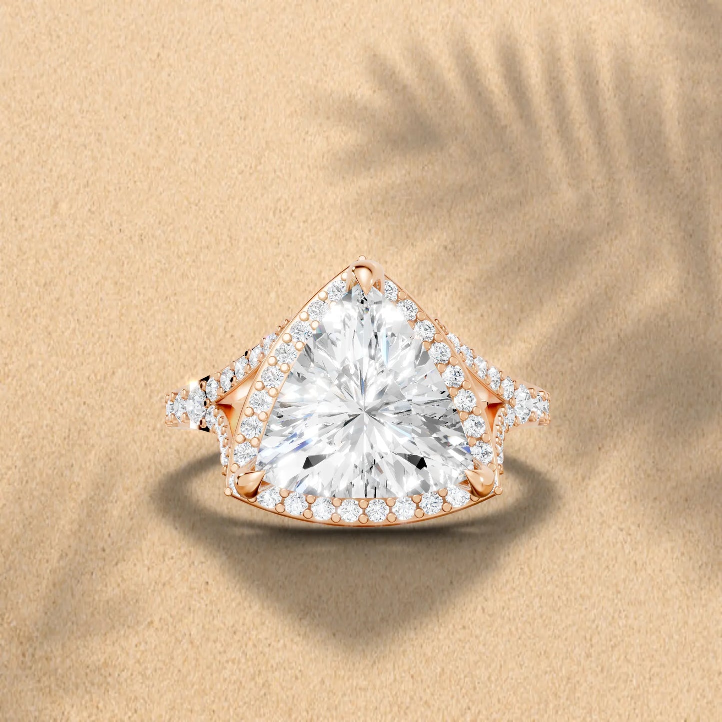 14K Gold Trillion Cut Diamond Split Shank Halo Engagement Ring