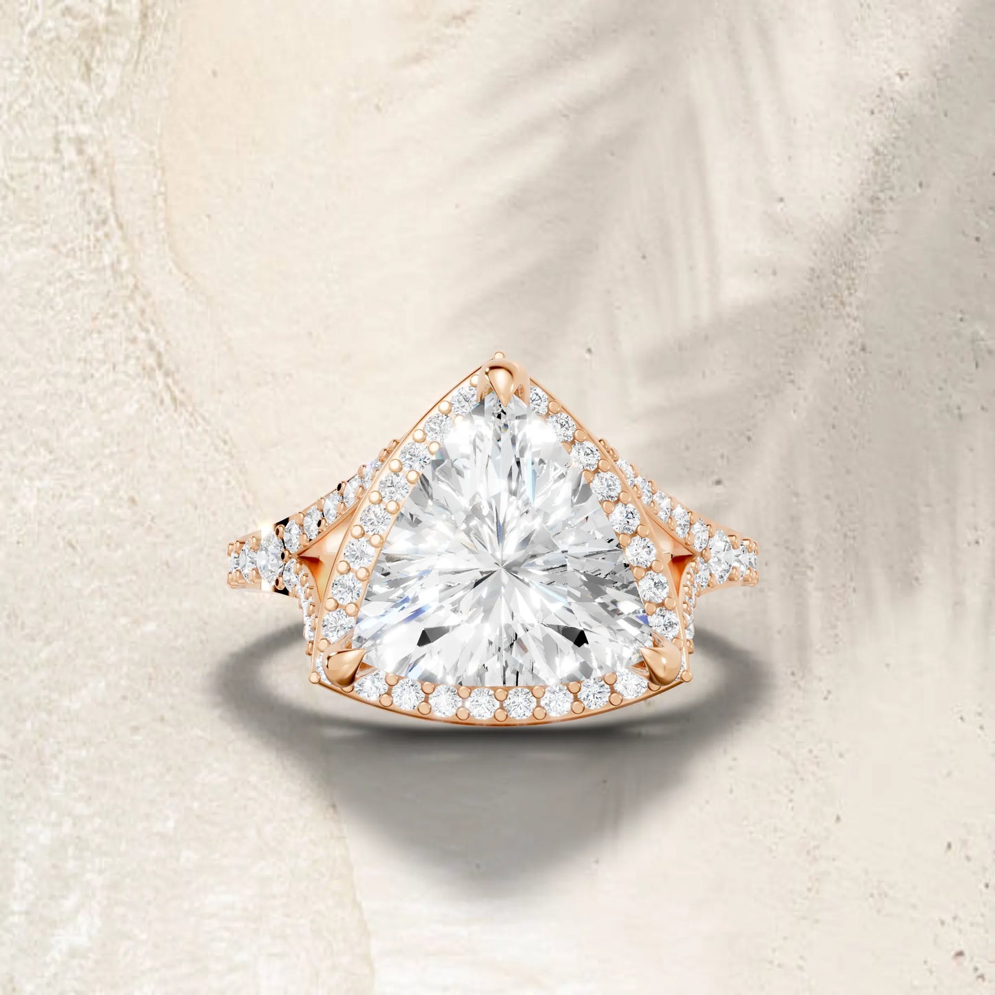 14K Gold Trillion Cut Diamond Split Shank Halo Engagement Ring