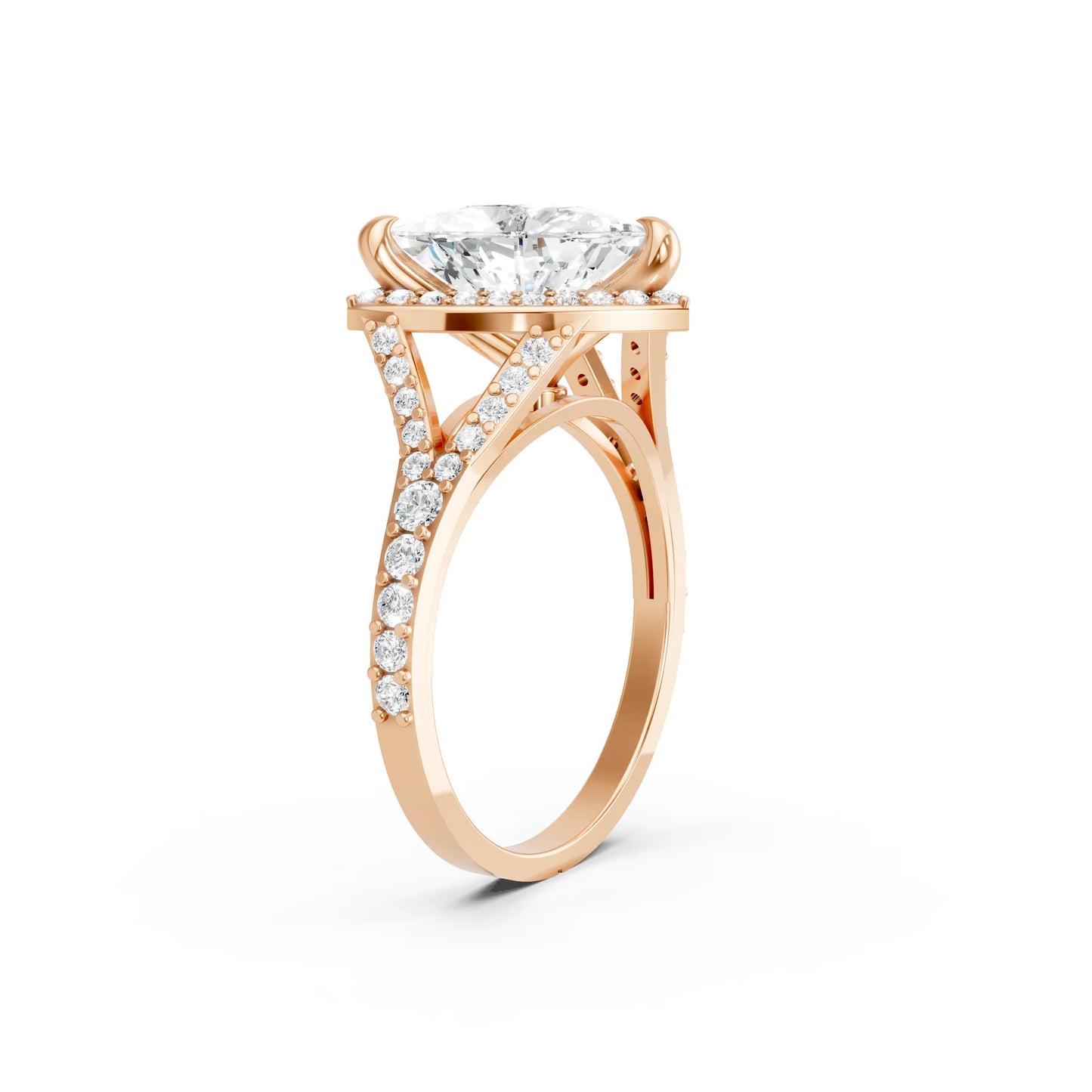 14K Gold Trillion Cut Diamond Split Shank Halo Engagement Ring