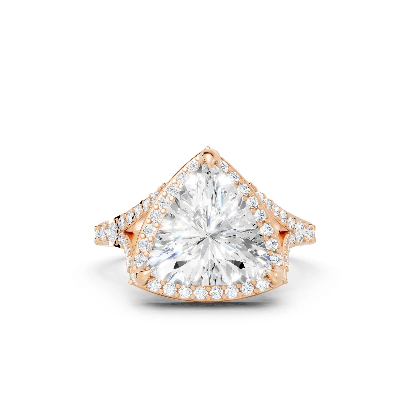 14K Gold Trillion Cut Diamond Split Shank Halo Engagement Ring