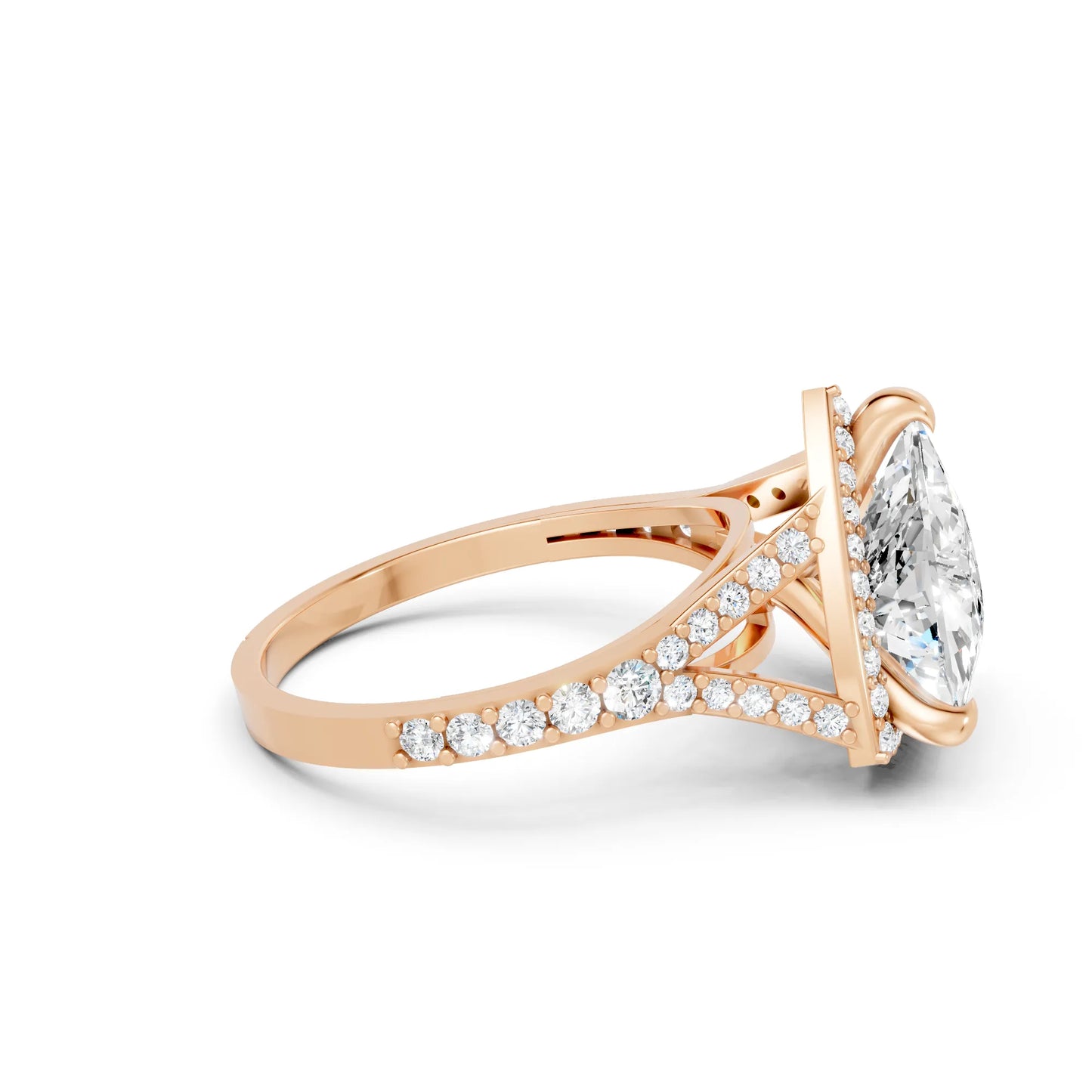 14K Gold Trillion Cut Diamond Split Shank Halo Engagement Ring