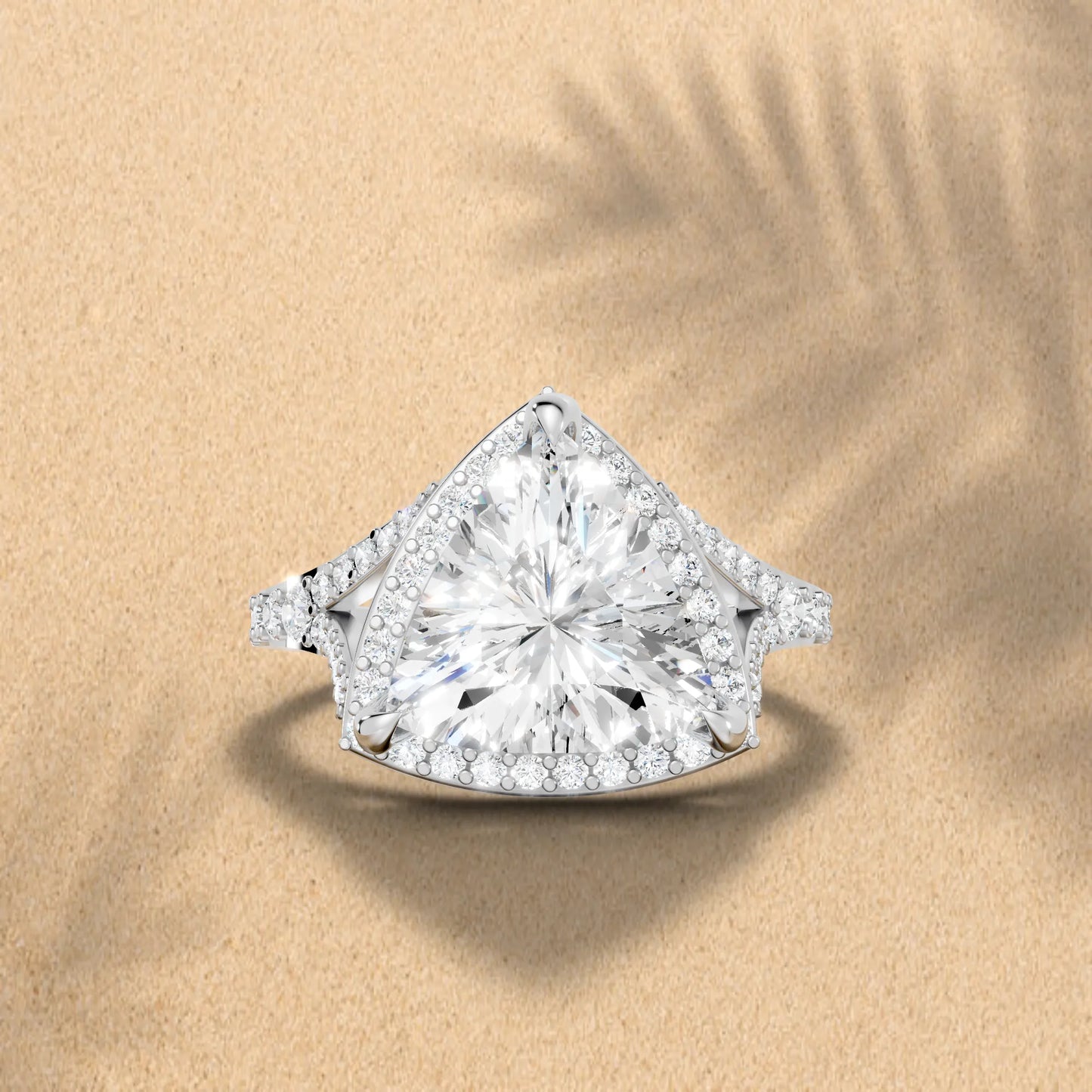 14K Gold Trillion Cut Diamond Split Shank Halo Engagement Ring