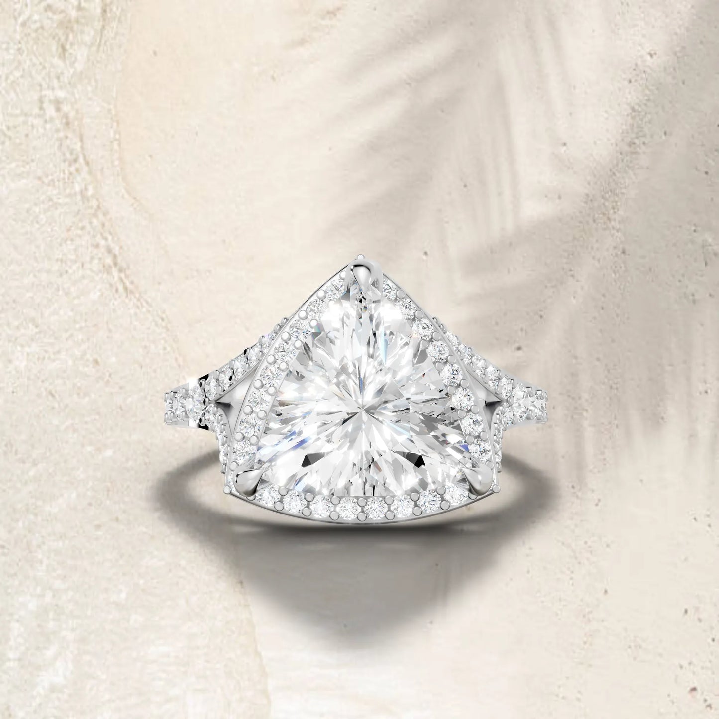 14K Gold Trillion Cut Diamond Split Shank Halo Engagement Ring