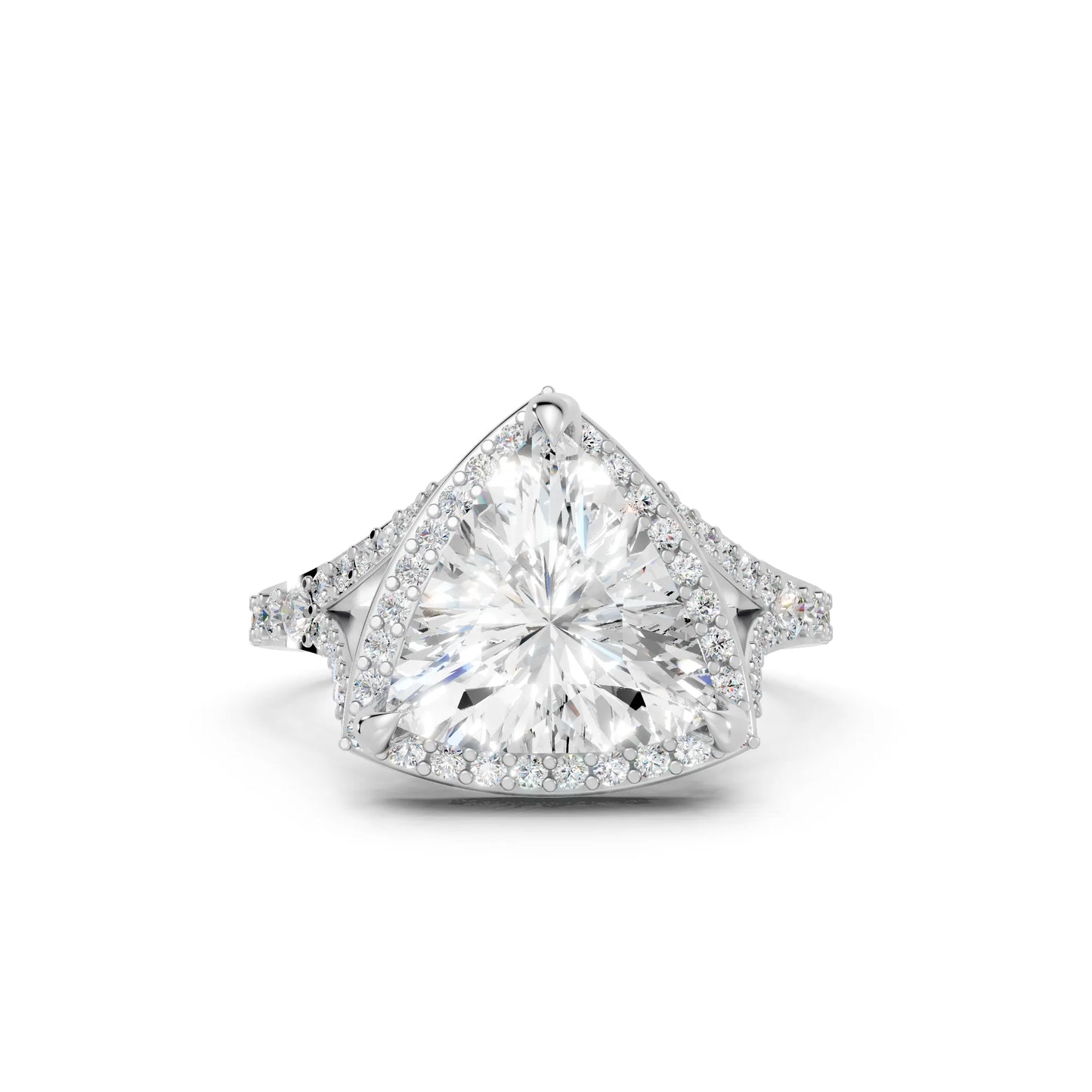 14K Gold Trillion Cut Diamond Split Shank Halo Engagement Ring