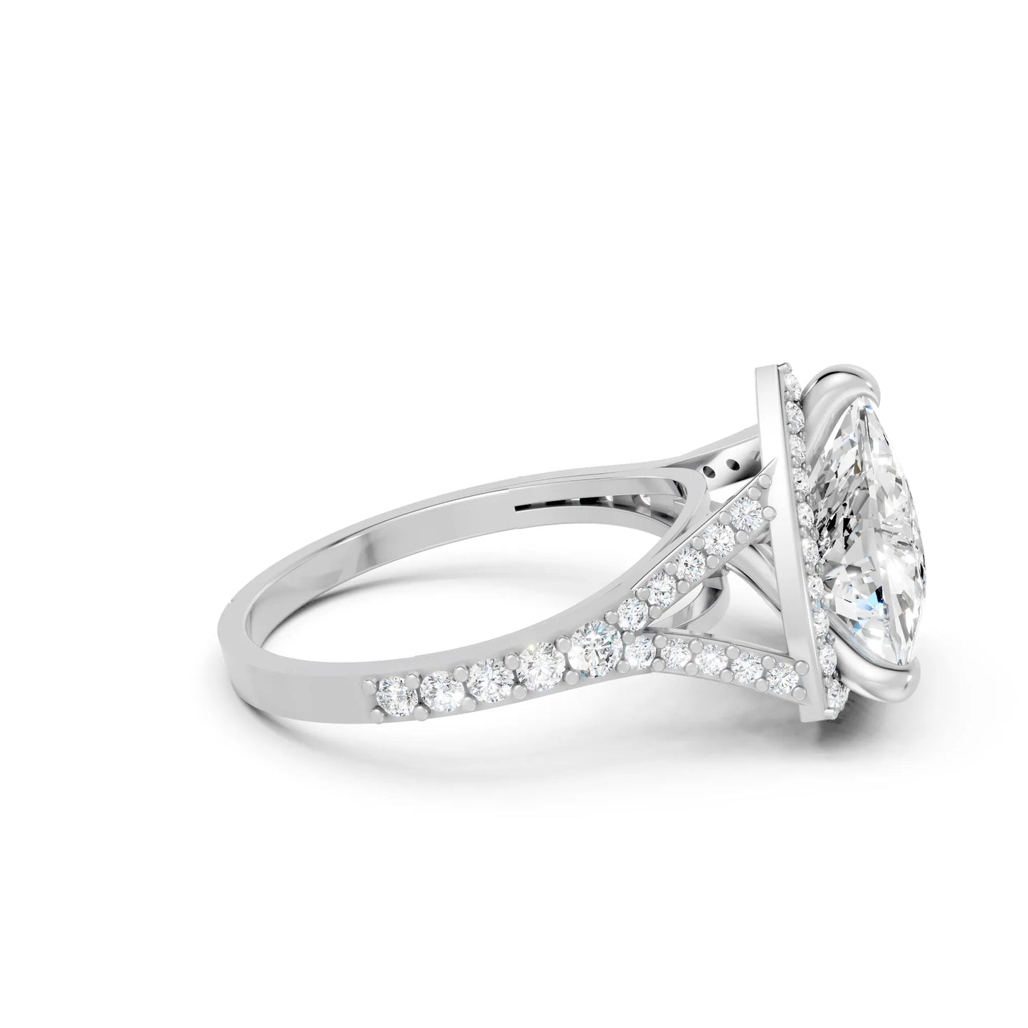 14K Gold Trillion Cut Diamond Split Shank Halo Engagement Ring